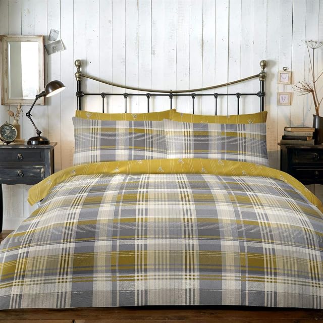 Dreams & Drapes - Connolly Check - 100% Brushed Cotton Duvet Cover Set - Double Bed Size in Ochre