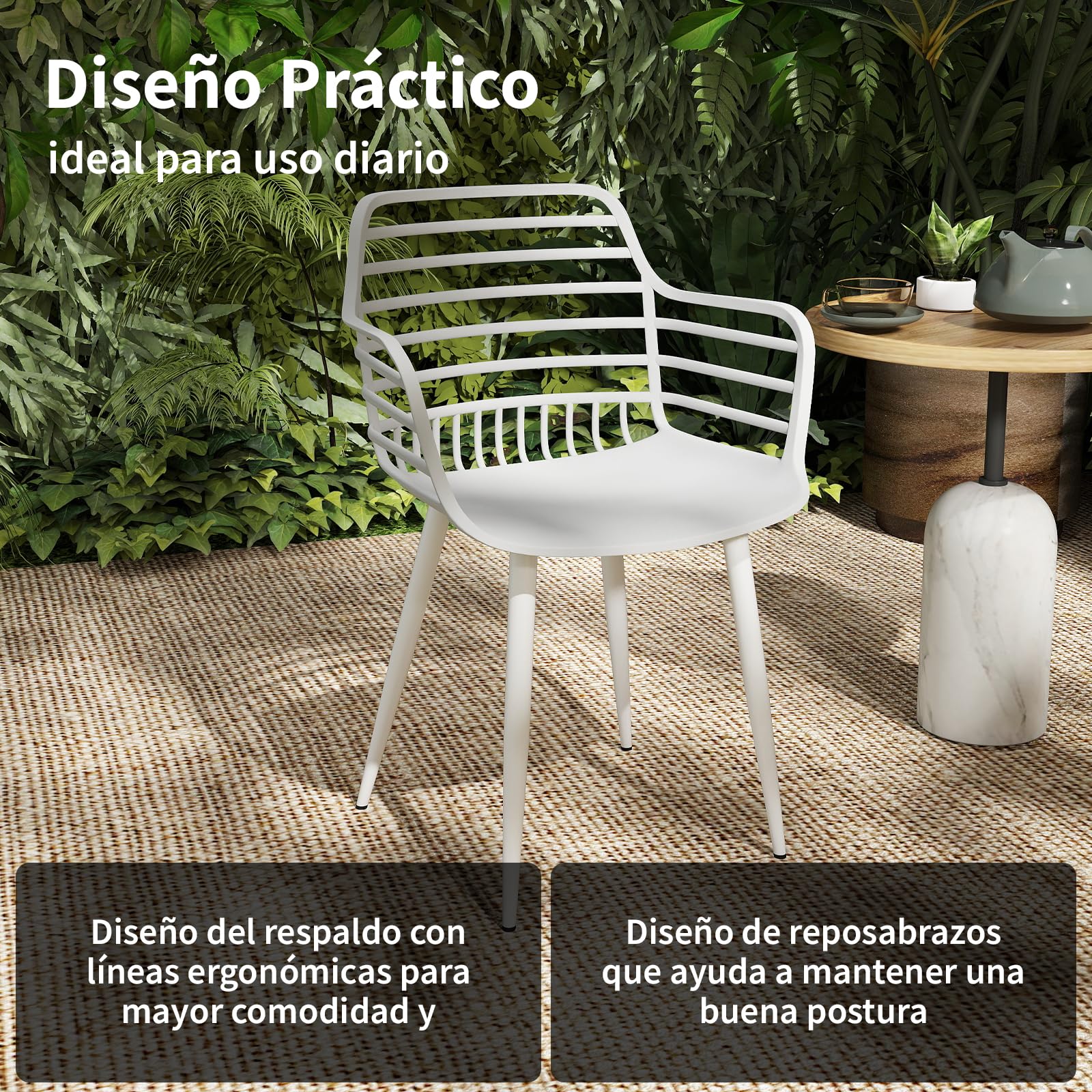 JIJIAN Sillas de Jardín Juego de 4, Sillones para Exterior con Reposabrazos y Respaldo, Plástico PP con Patas de Hierro, Capacidad de Carga 120 kg, para Balcón, Jardín, Terraza, Blanco