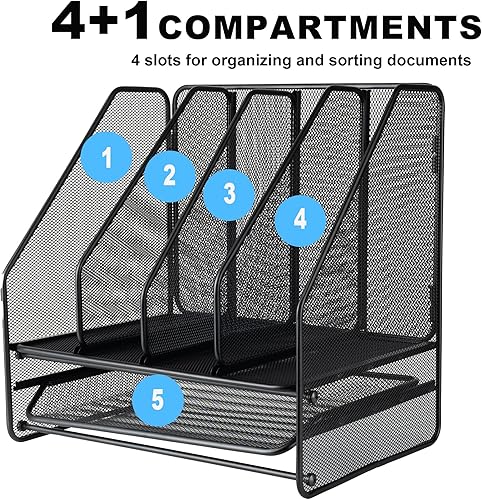 Miniatura 2 de Organizador de escritorio de malla, soporte para archivadores, con 4 compartimentos verticales y 1 compartimento inferior, organizadores de