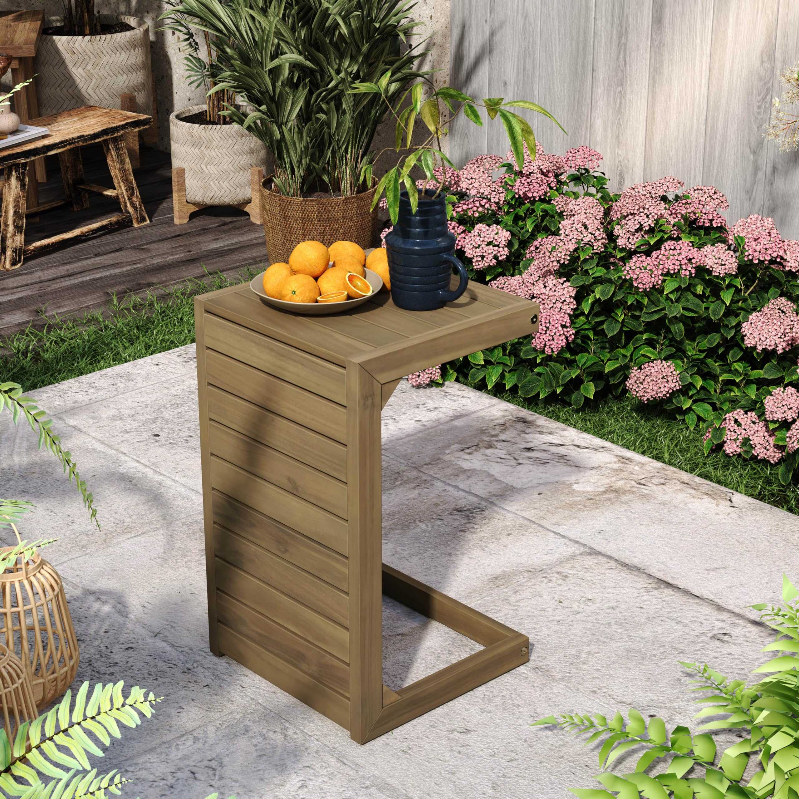 C-Shaped End Table, Acacia Wood Patio Side Table,Patio Garden Stool Coffee End Table,Decorative Table for Patio or Balcony,Brown
