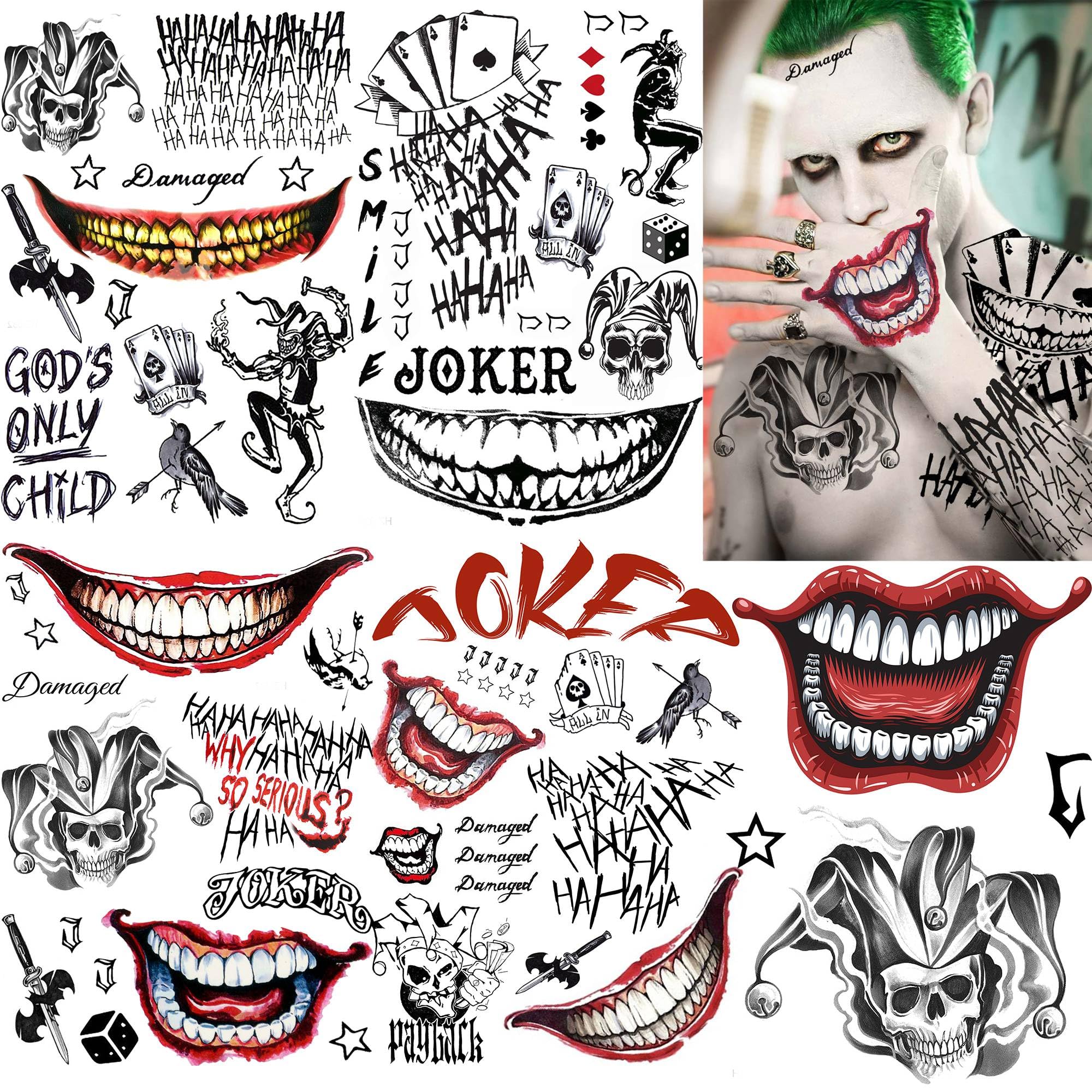 LAROI 5 Sheets 3D Joker Temporary Tattoos for Men Women Men Adults Fake Joker Tattoo Sticker Halloween Makeup Kit