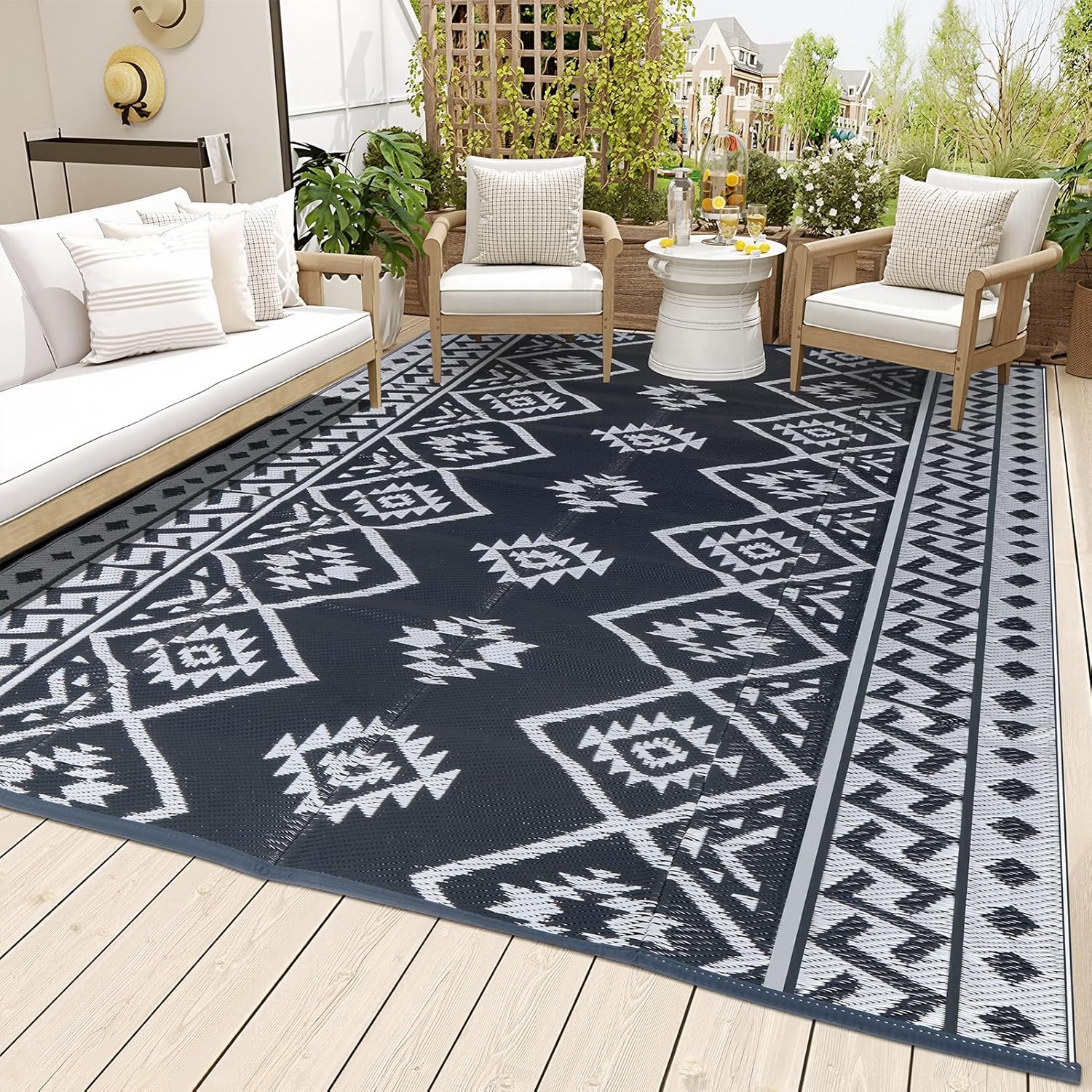 LILIOFFIC Outdoor Rug 9x12 ft, Waterproof Outdoor Plastic Straw Rug for Camping, Large RV Mat Outside, Outdoor Carpet for Deck, Backyard, Balcony, Picnic, with 4 Stakes, Grey 01/Grey 9' x 12' (Rectangular)