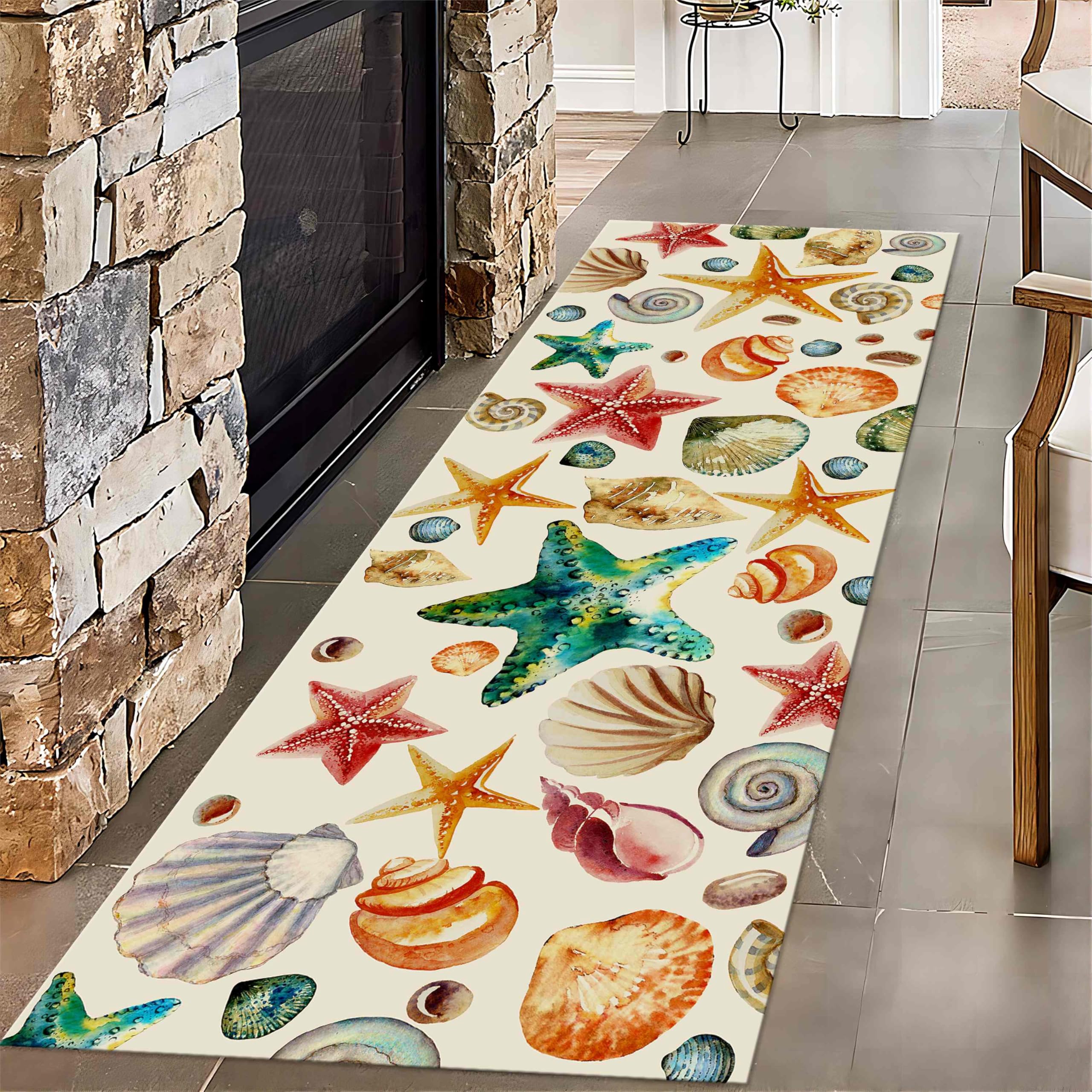 Coastal Runners Rug, 2x7ft, Nautical Rug for Hallways Non Slip, Shell Starfish Conch Cute Runner Carpet, Washable Beach Rugs Ocean Coastal Runner Rugs