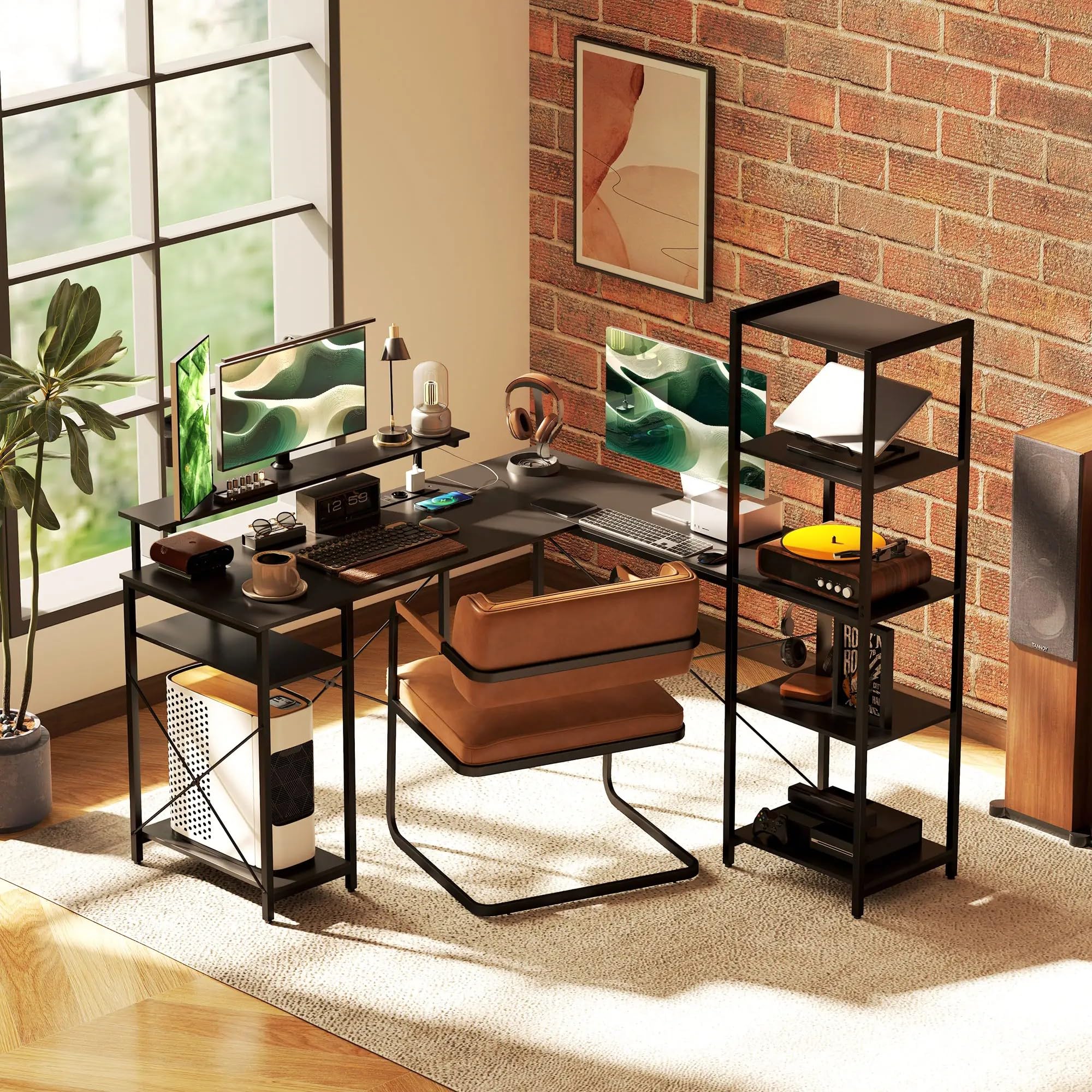 I0I&I0I Eckschreibtisch L-förmig 137x140 cm in Schwarz, Computertisch mit USB-Steckdose, Monitorständer & 6 Ablagen, Metall-Bürotisch mit Regal, Homeoffice Arbeitstisch Stabil & Platzsparend (Stil 1)