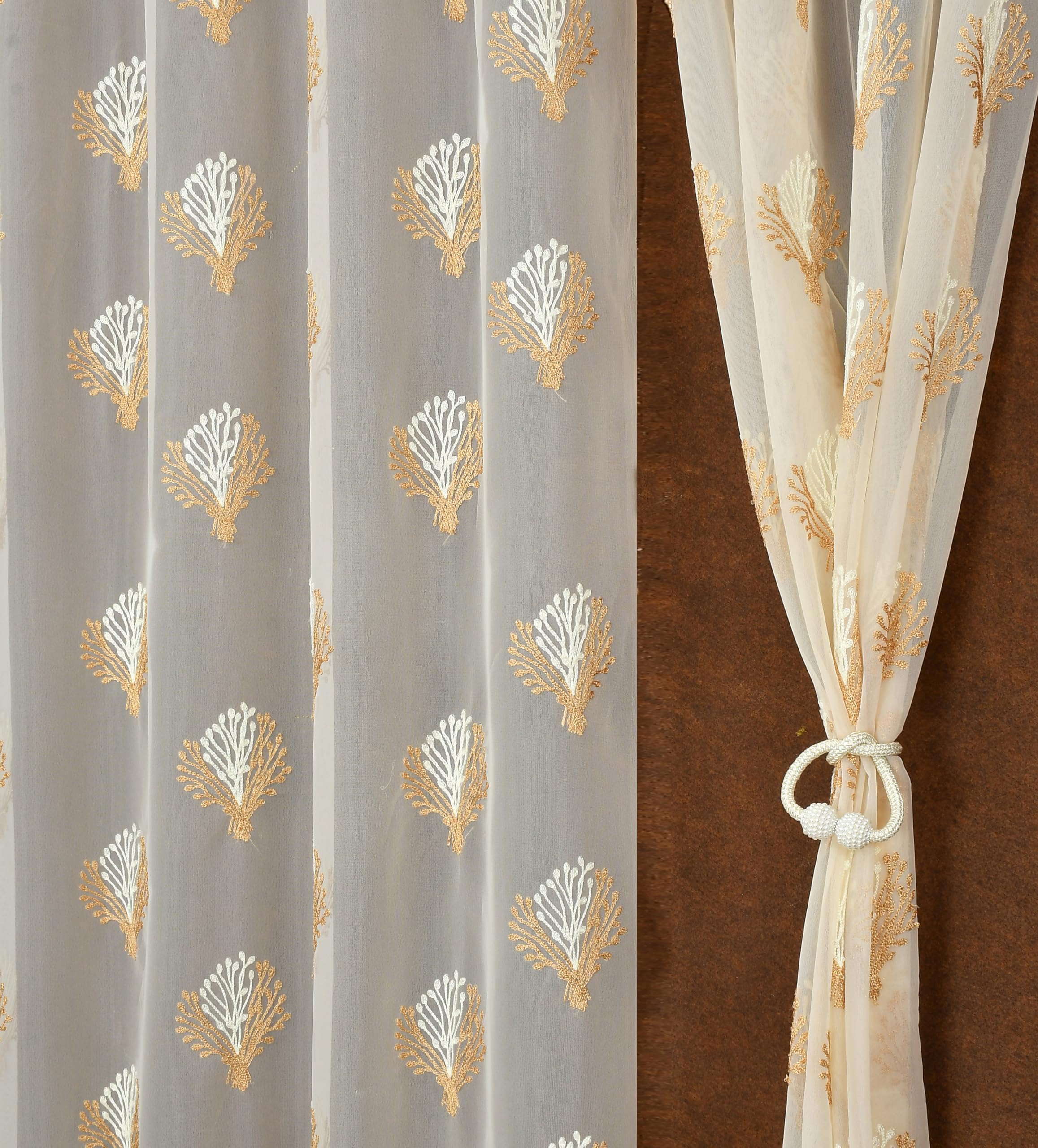 Fabrilia Embroidery Tissue Net Curtains 5 Feet Length 2 Piece Set Sheer Curtain for Bedroom Living Room (4 x 5 Feet, Cream)-picture-25
