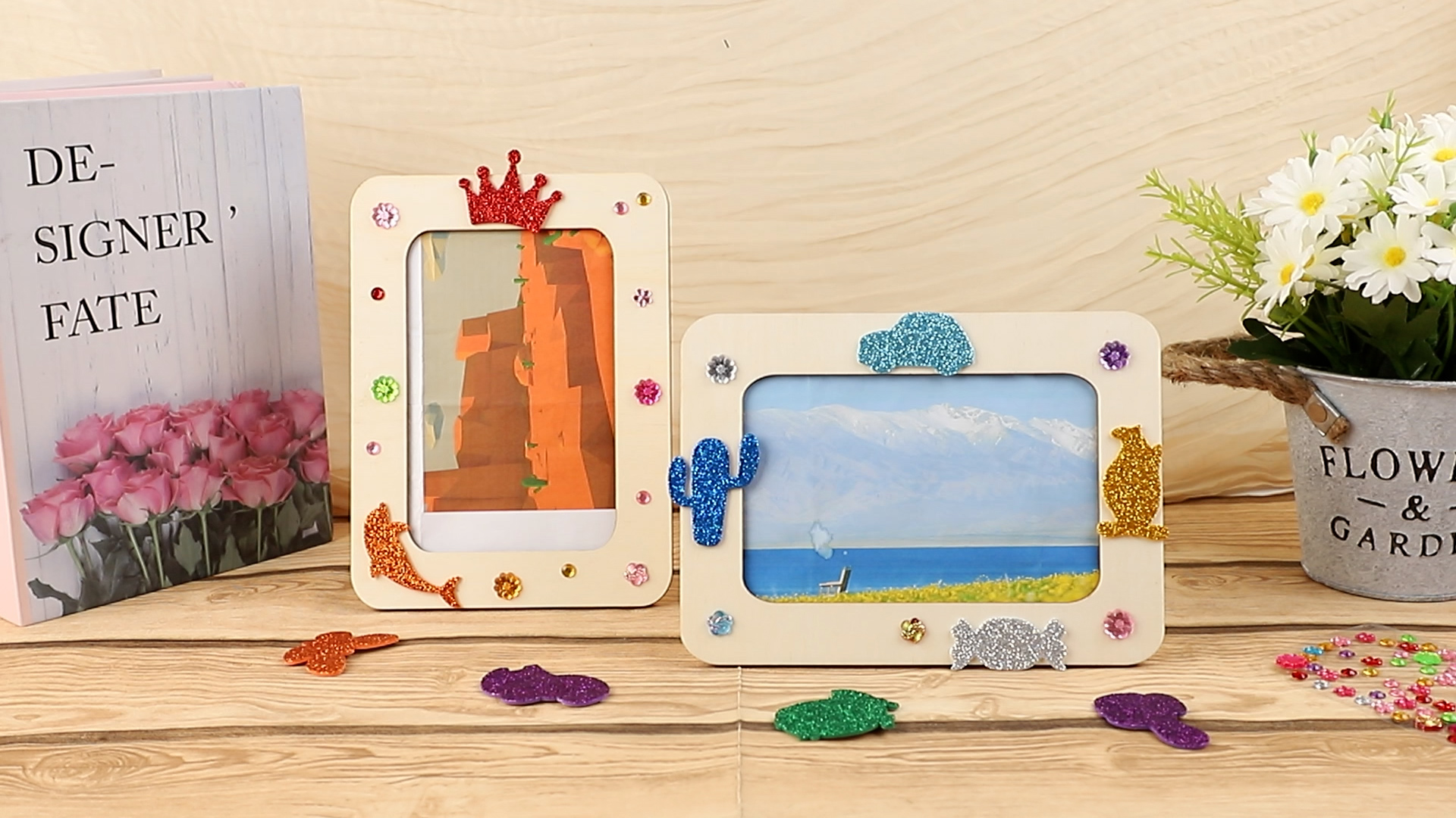 Zyluniy Cornice per Foto, 10 Cornici Foto in Legno da Decorare Fai Da Te per Bambini, Kit Creativo con Pietre Diamantate e Adesivi Brillanti per Laboratorio Artistico, Regalo Originale