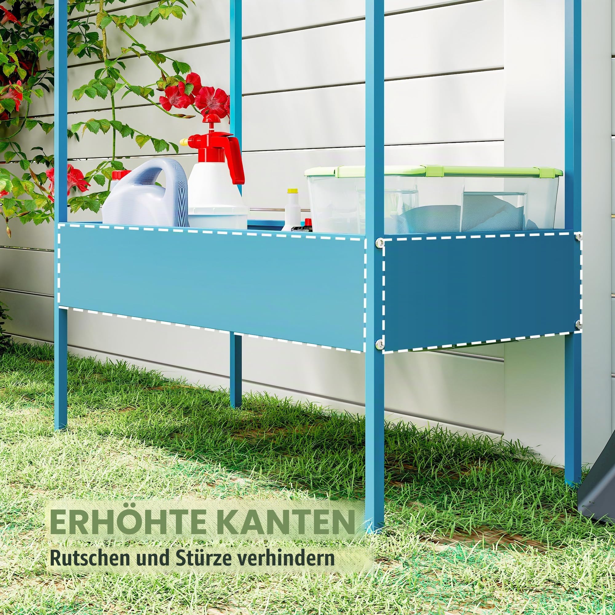 Outsunny Pflanzenregal mit 2 Ebenen, Pflanzenhalter aus Metall mit Haken, Pflanzenhalter in Form eines Hauses für Garten, Terrasse, Balkon, Wohnzimmer, blau-grün