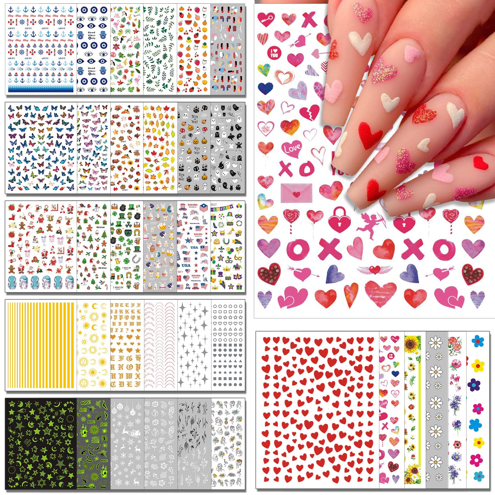 winthrop 36 Sheets All Holiday Nail Art Stickers, Mixed Season Nail Decals Set for All Year, Spring Summer 3D Self-Adhesive Colorful Pegatinas Uñas Daisy Butterfly 4th of July Halloween Christmas