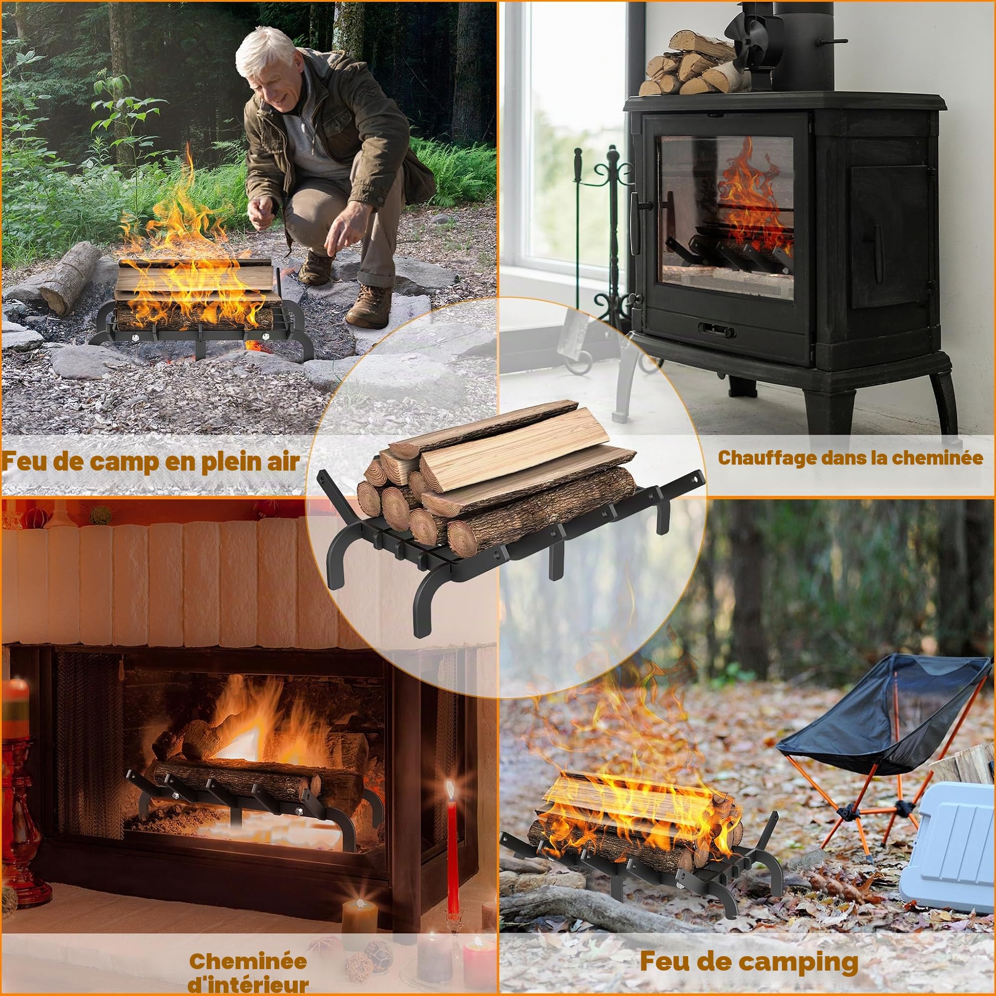 LZQ Rost à bois en acier à haute teneur en carbone pour cheminée, Rost à bois pour poêle à bois 41 x 31 x 11 cm, support à bois à combustion, rost à feu avec pieds, capacité de charge jusqu'à 50 kg
