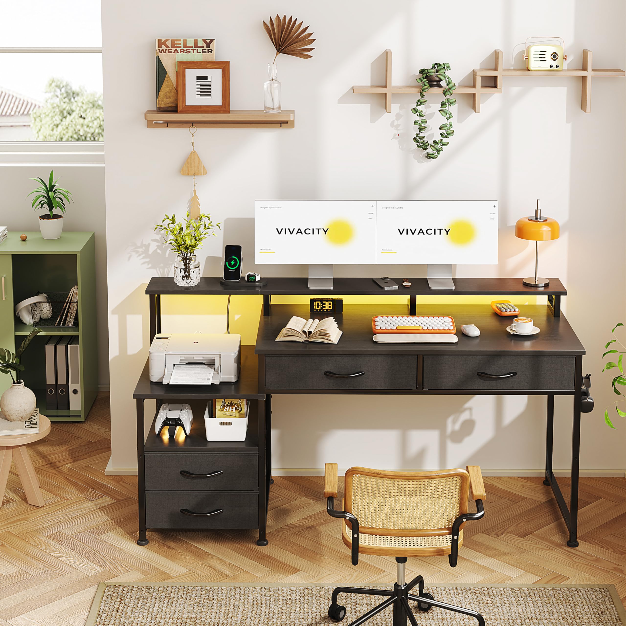 CAIYUN Computerschreibtisch mit 4 Schubladen & integrierten Steckdosen - Reversibler Schreibtisch für Home-Office, Gaming-Tisch mit Monitor- & Druckeraufsatz, LED-Licht fürs Schlafzimmer (Schwarz)