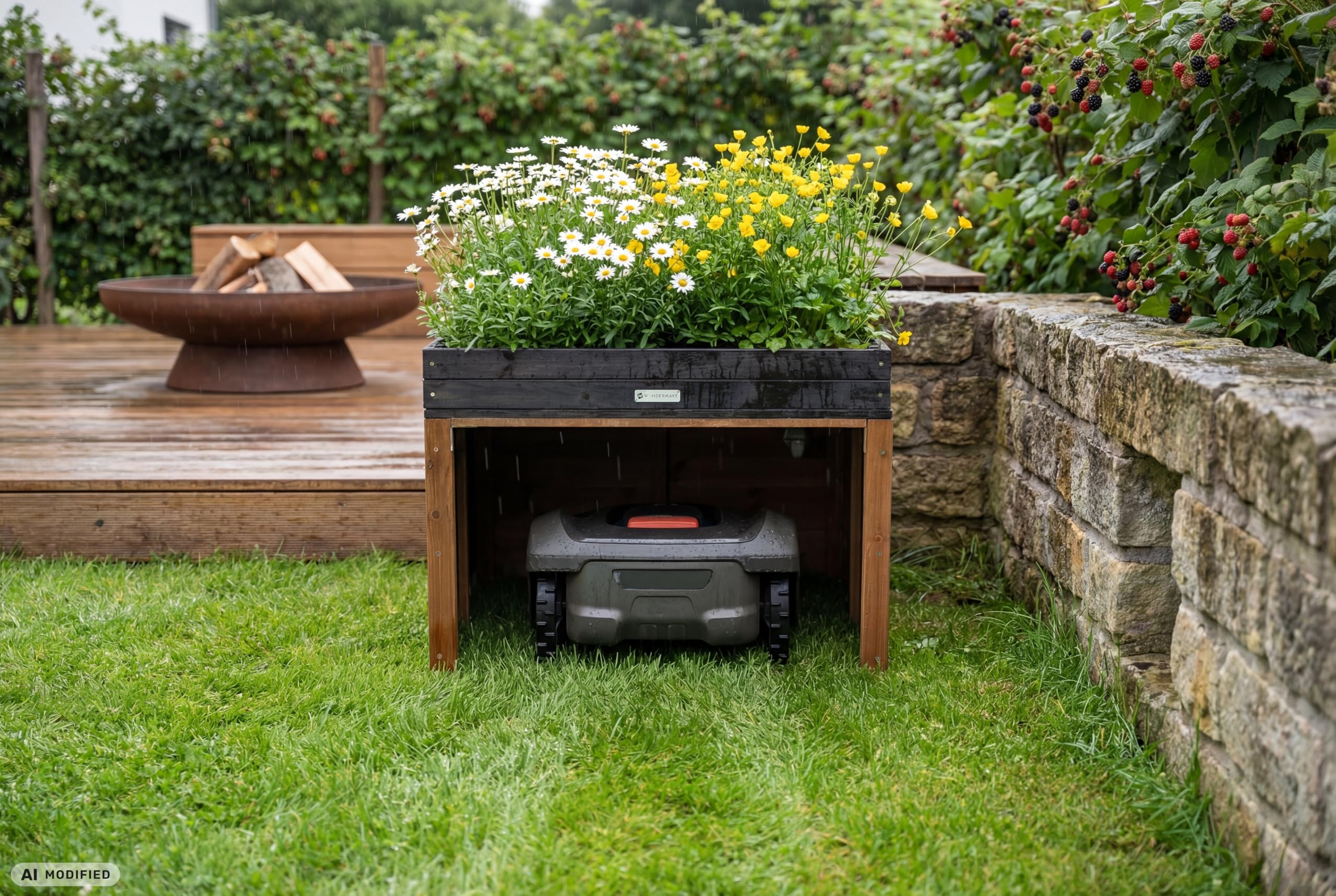 Grande Garage pour robot tondeuse de design XXL Universelle avec évacuation d'eau, maison en bois avec jardinière, abri pour robot tondeuse, carport, garage pour robot tondeuse à toit plat
