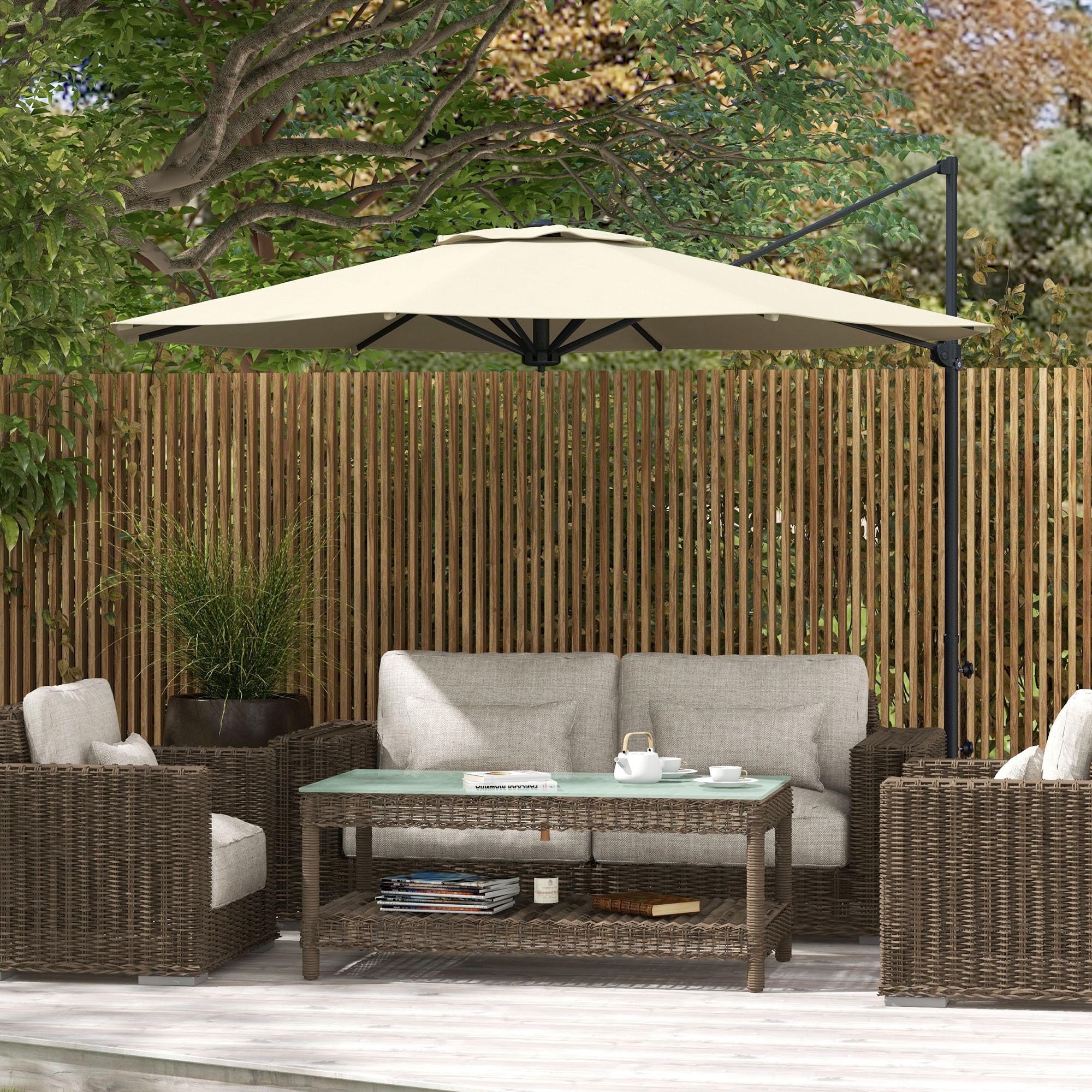 Outsunny Sombrilla de Jardín Ø294x242 cm Altura Ajustable Patio Crema | Parasol de Terraza, Poste Giratorio 360°, Ángulo de Techo Ajustable, Ventilación Superior, para Piscina