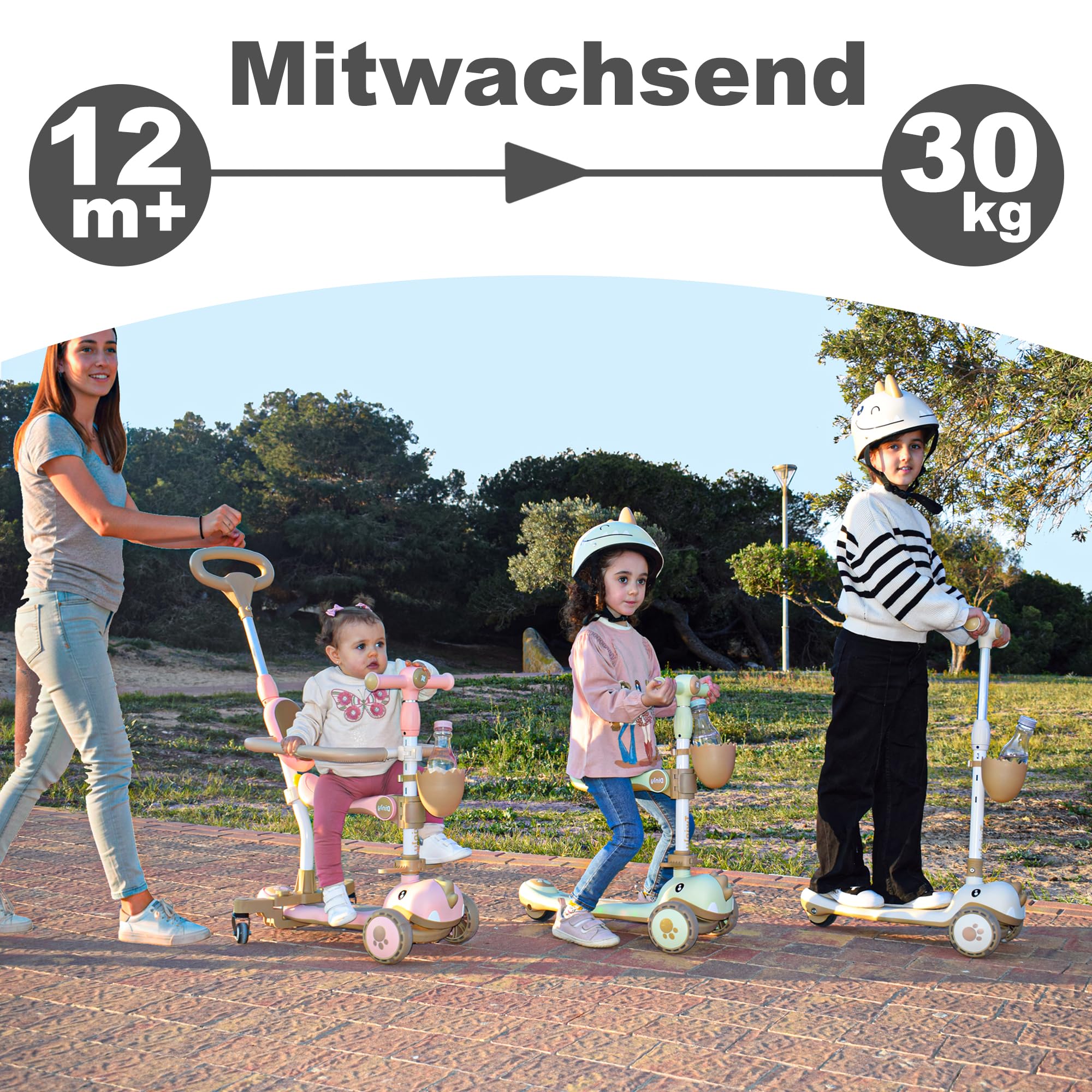 Twinly Dinly Kinderroller 3 in 1 mit Sitz, Helm & LED-Rädern, Weiß | Klappbar, Elternlenkstange, Bis 30 kg