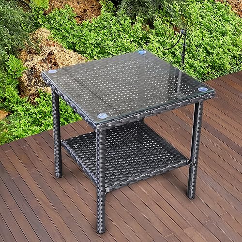 Valita Mesa auxiliar de mimbre PE al aire libre con tapa de vidrio para jardín, junto a la piscina, muebles de ratán para patio, mesa auxiliar,