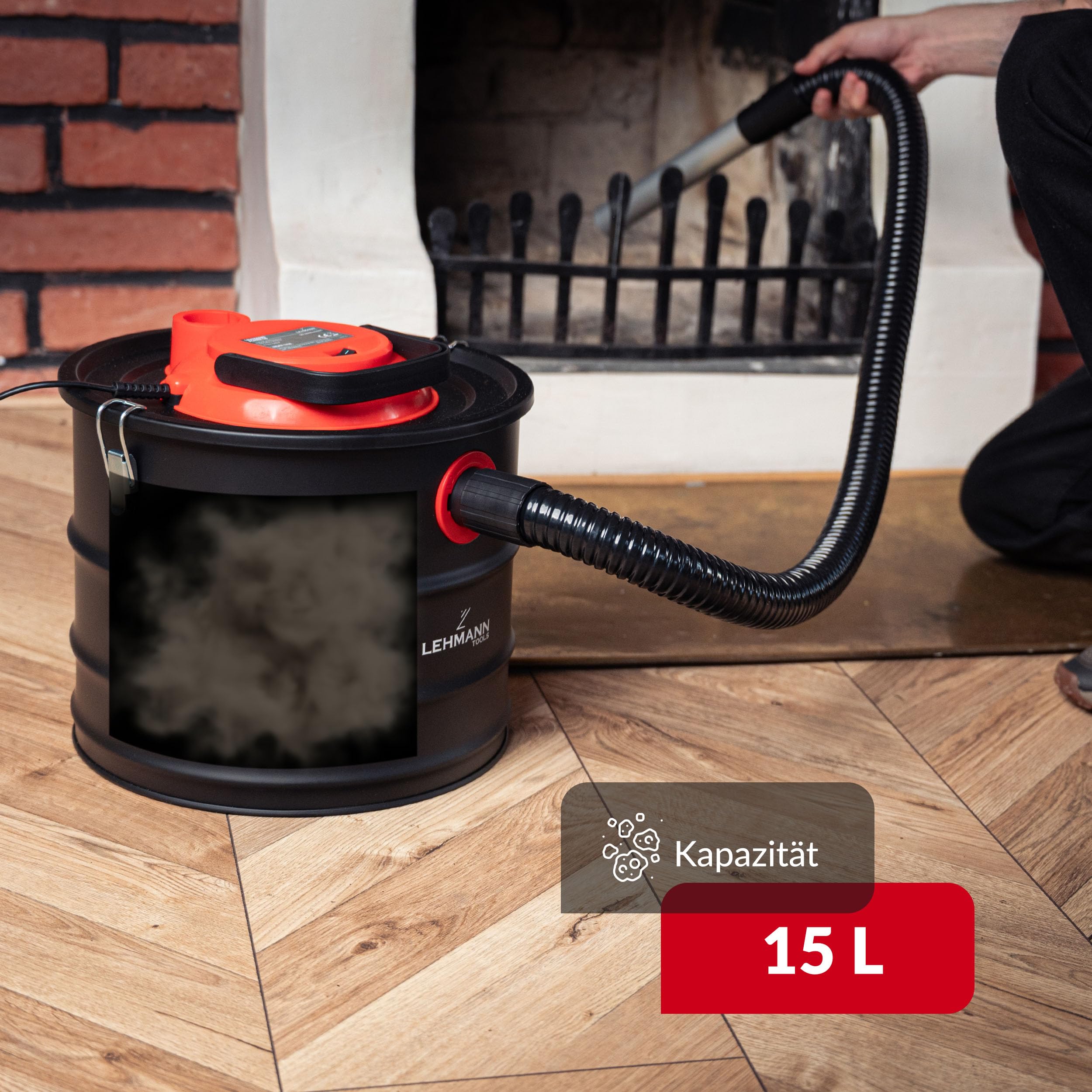 LEHMANN Aschesauger 15L - Kaminsauger für hohe Temperaturen - robustem Metalltank - Waschbar HEPA-Filter im Metallgehäuse - Blasfunktion - Aschestaubsauger ideal für Kamin, Pelletofen und Grill