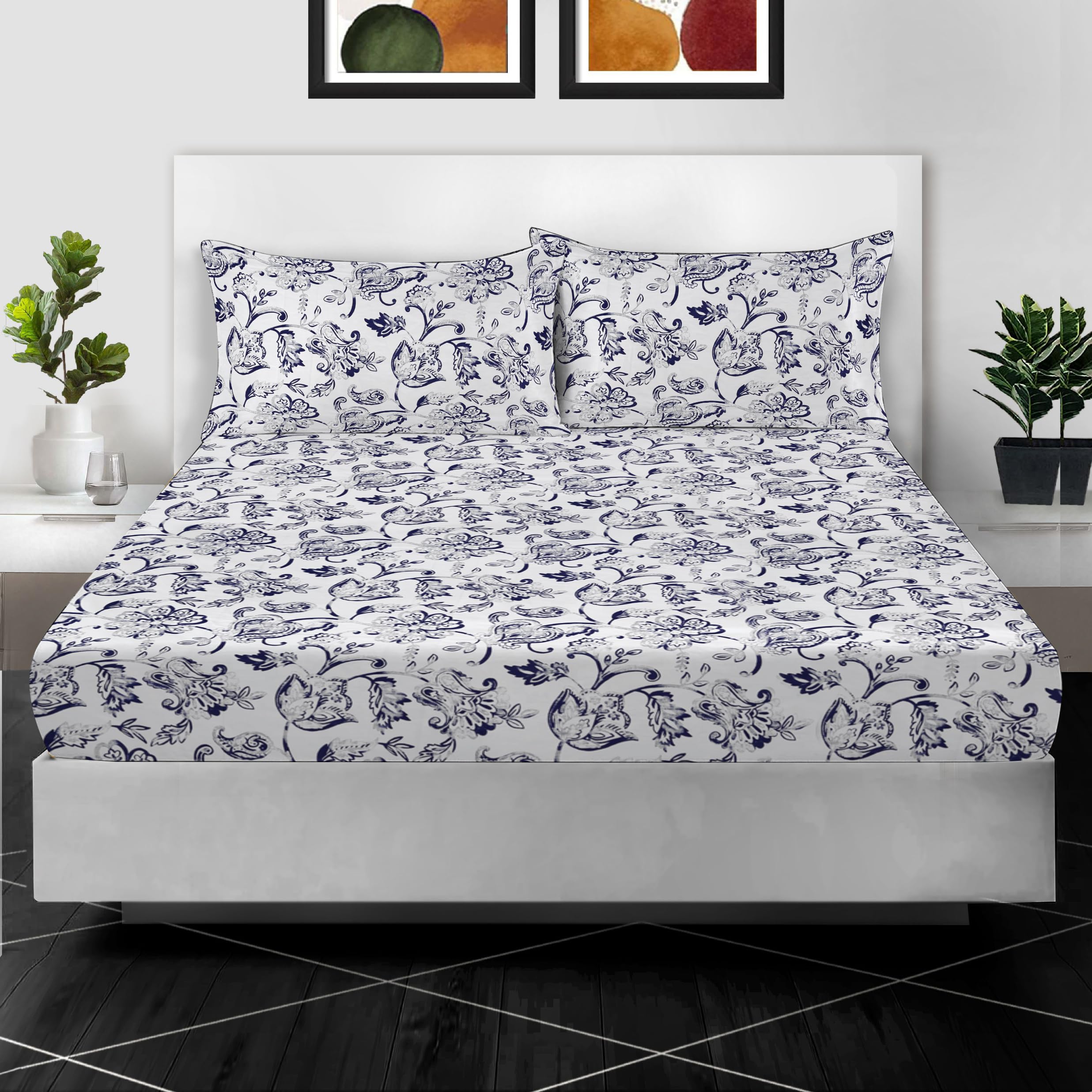 RAYBedding 3PC Printed Small Double Fitted Sheet 100% Egyptian Cotton Floral Design 400 Thread Count 30cm/12” Deep Fitted Small Double Bed Sheets with Pillow cases 2 Pack — image 1