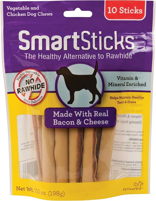 SmartBones SmartSticks Petiscos Mastigáveis para Cães sem Couro Cru, Bacon e Queijo, Pacote com 10