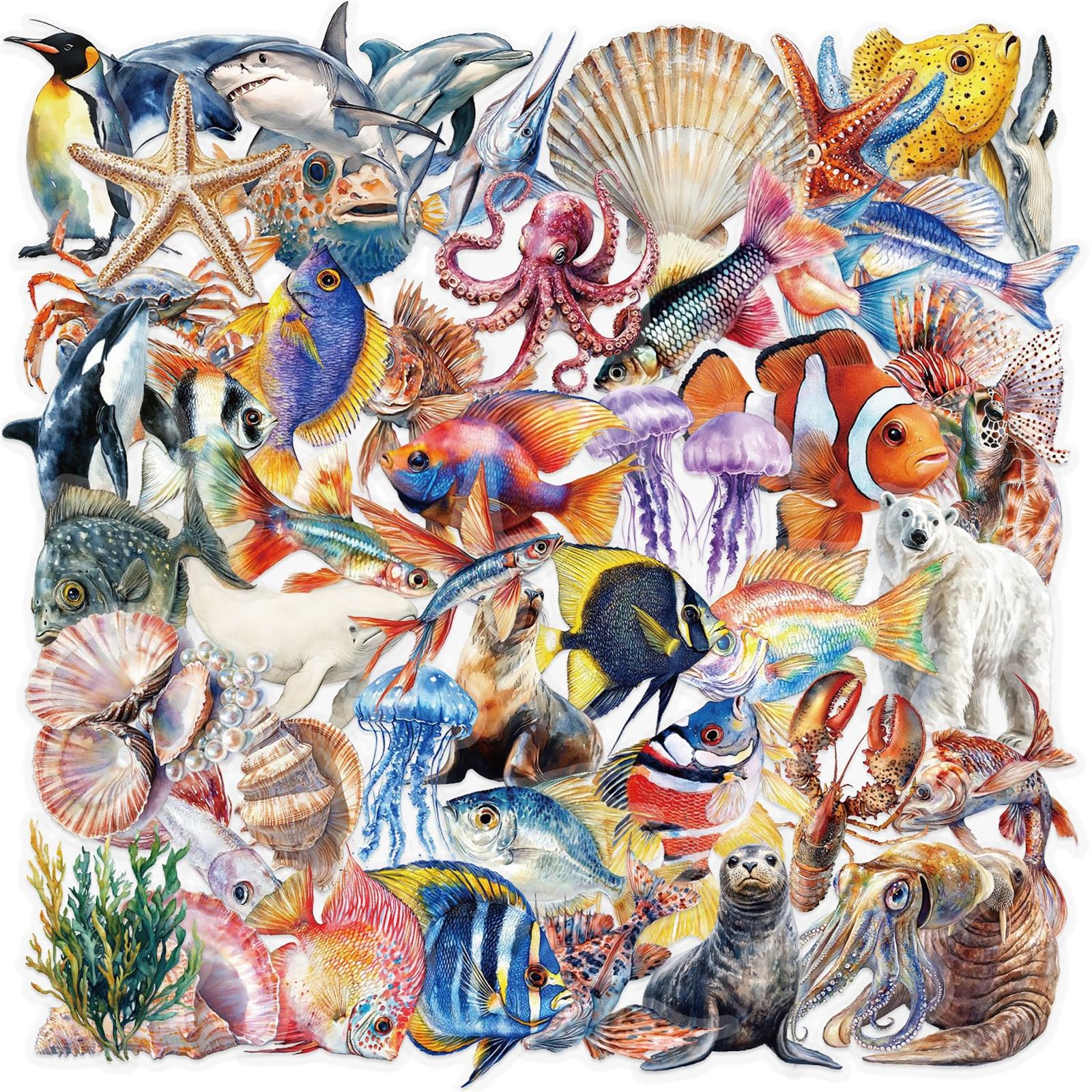 50PCS Cute Animal Transparent Stickers Pack,Aesthetic Marine Animal Decor Gifts for Teens Adults Waterproof Vinyl PET Lifelike Ocean Stickers for