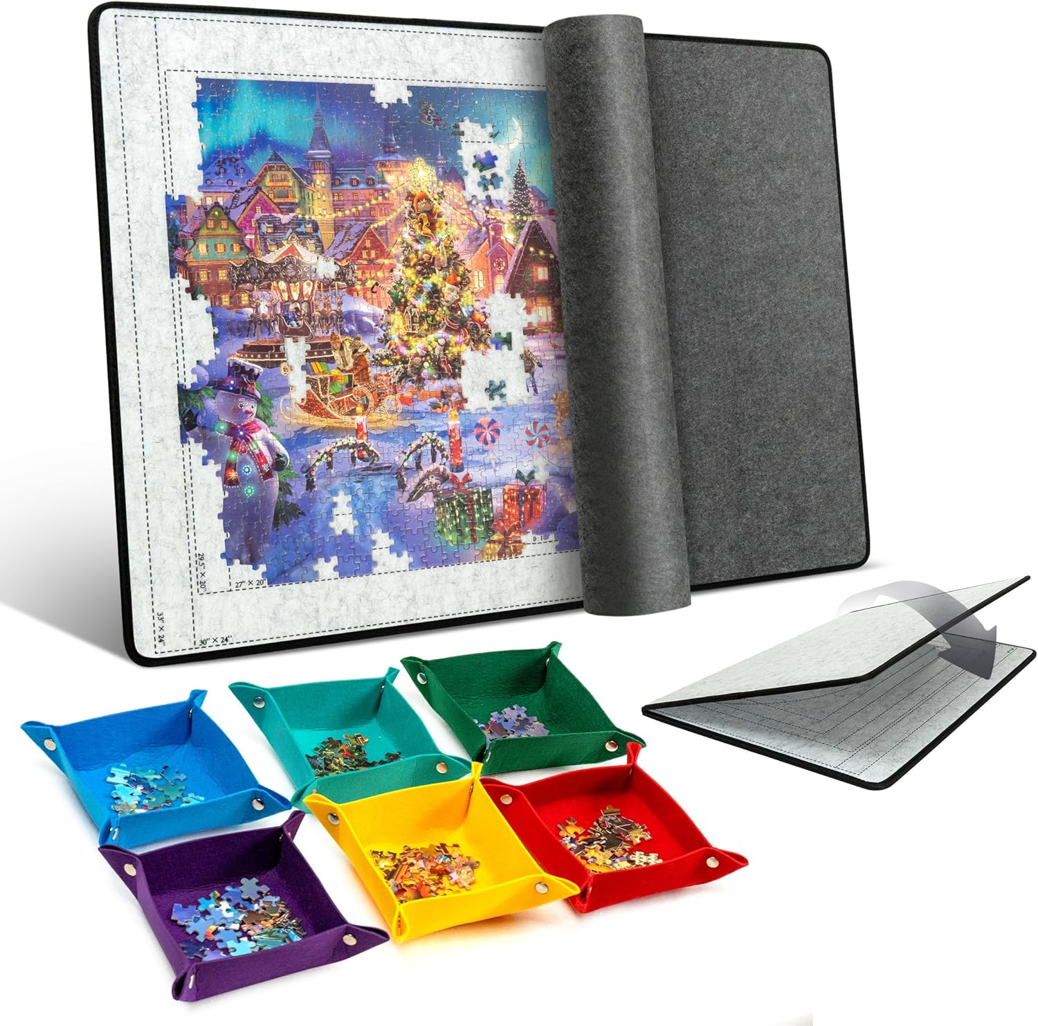 jigsaw puzzle board with 6 sorting trays, foldable puzzle mat with felt cover for puzzle storage saver, lightweight & portable, for 1000 1500 piece jigsaw games
