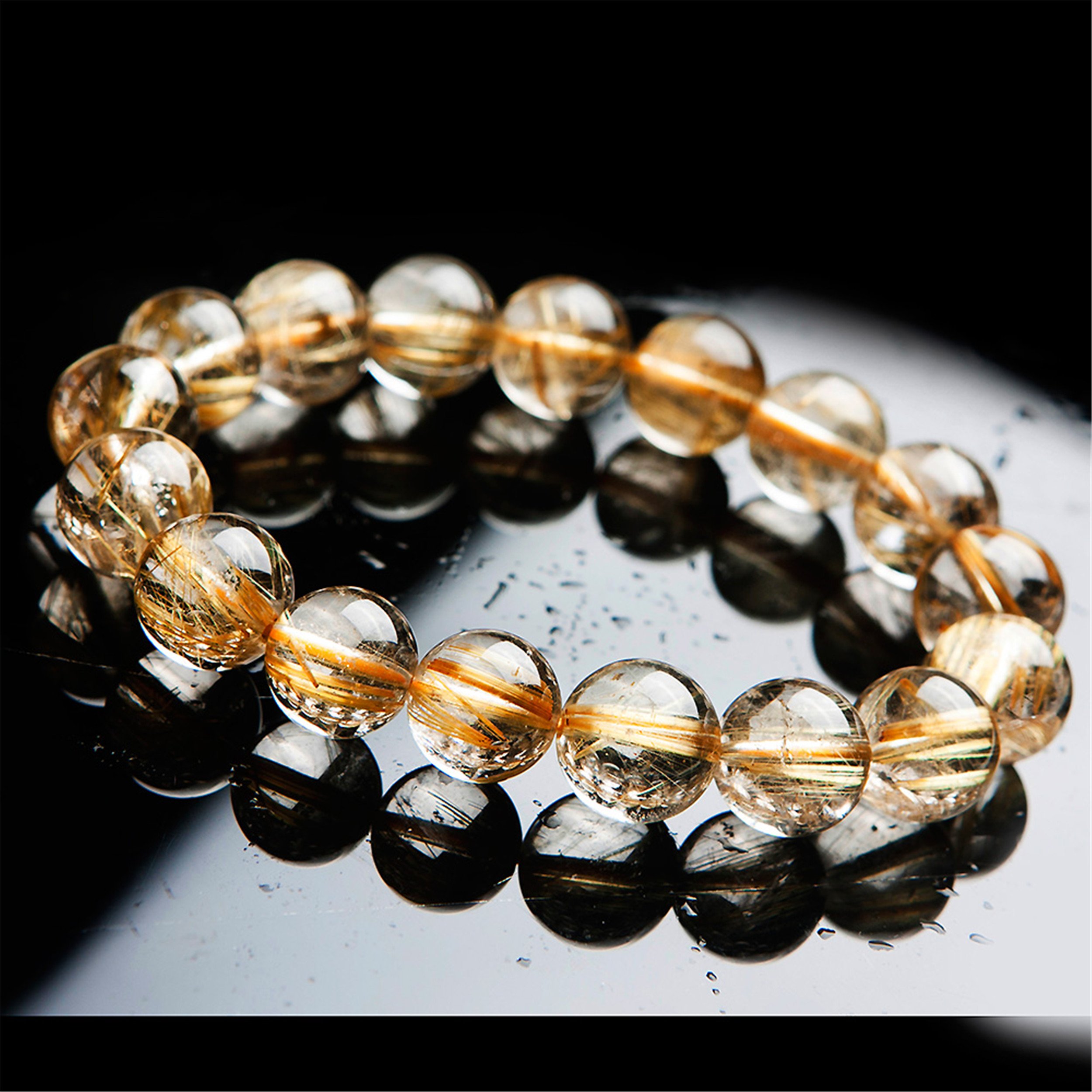 Schmuck Armband Natürliche Gold Titan Rutilquarz Kristall Edelstein Elastische Perlen