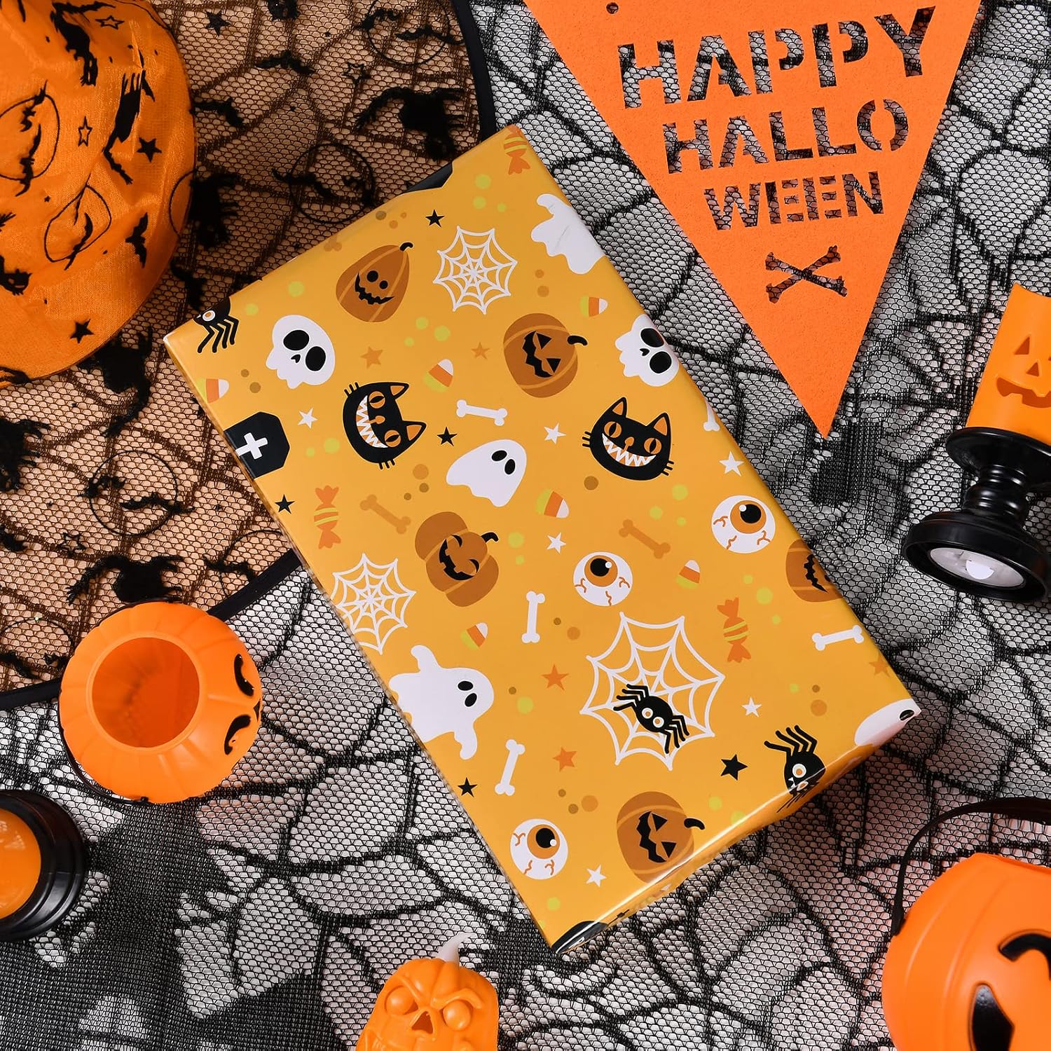 Halloween Wrapping Paper 12 Sheets Folded for Boys Girls Kids Man Women,Pumpkin Spooky Witch Hat Bat Halloween Decorations,Holiday,Party,Baby Shower Present Packing Each 20" X 29" image 3
