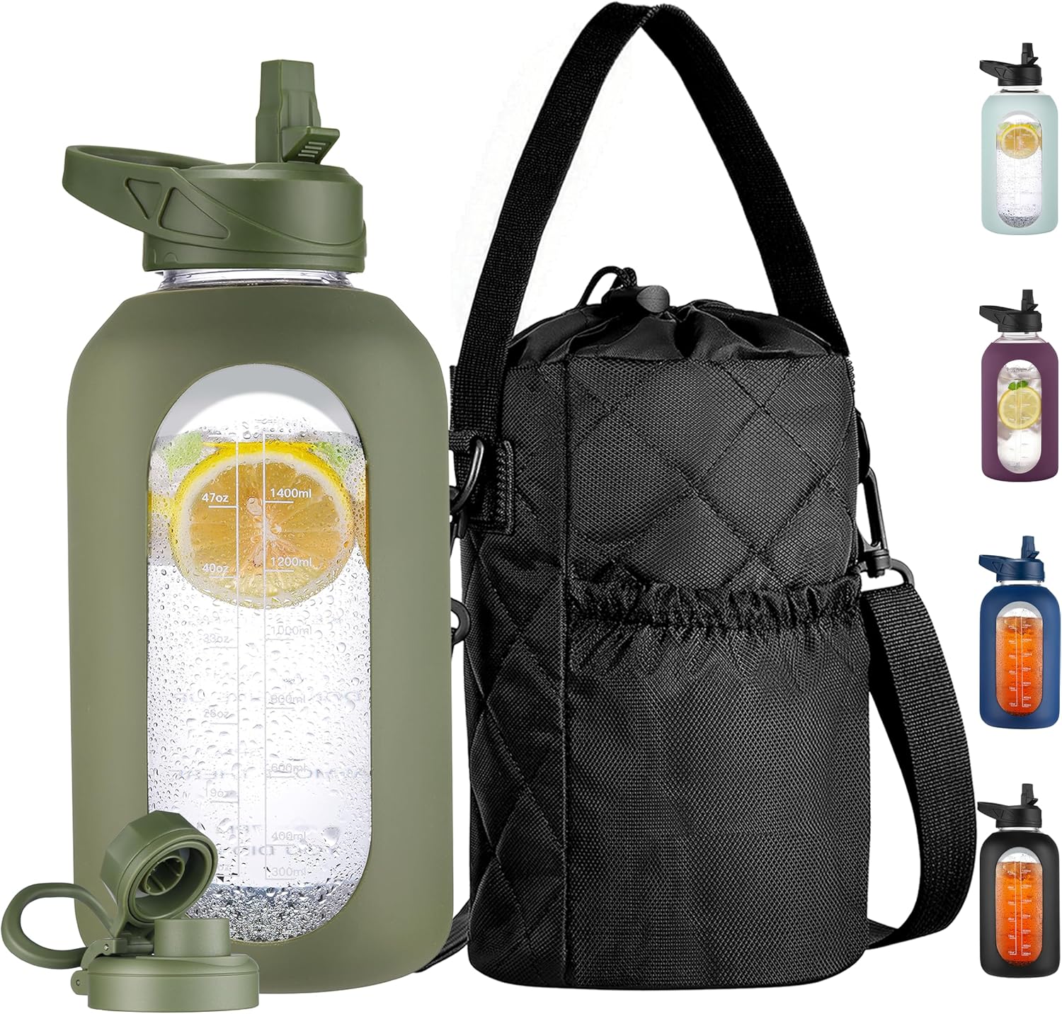 CIVAGO Half Gallon Glass Water Bottle with Straw and Insulated Bottle Holder Sling, 64 oz Motivational Water jug with Time Marker and Silicone Sleeve, Water Flask with 2 Lids, Army Green