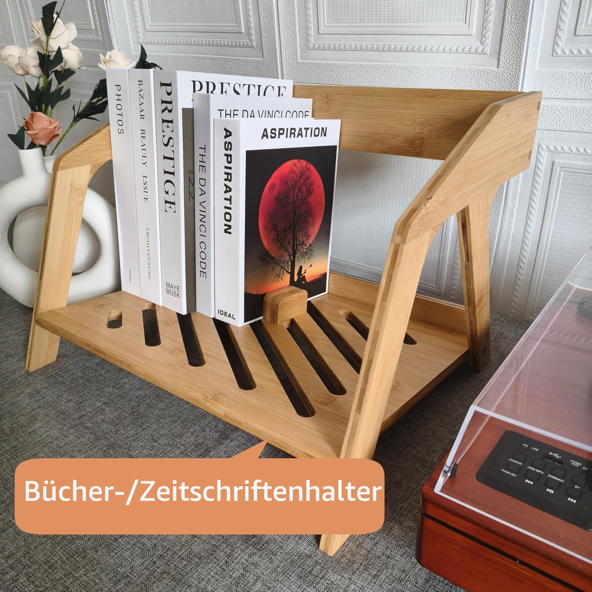 Schallplattenhalter aus Bambus, stilvolles Stuhl-Design, für bis zu 80 30,5 cm LPs, elegant für Schallplatten, CD-Halter, Zeitschriftenständer, Buchhalter (Natur)