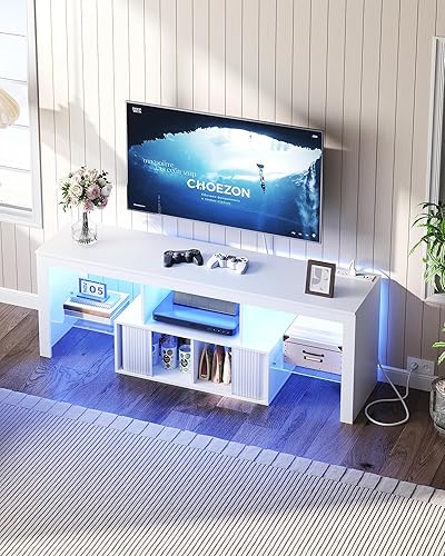 Miniatura 9 de Soporte de TV con toma de corriente, mueble de TV moderno para televisores de 55 pulgadas y 60 pulgadas, consola de TV multimedia con tira de luz