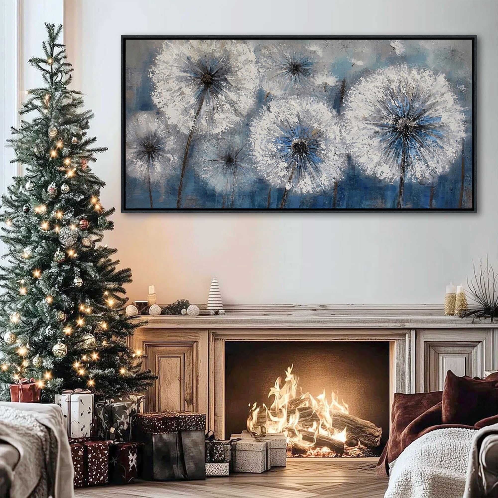 Dandelion Wall Art Blue Canvas Print Picture Framed Wall Art for Living Room Large White Flower Flora Home Decoration Modern(With Soild wood dark framed) Bedroom Artwork Wall Decor