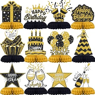 Black and gold birthday honeycomb decorations
