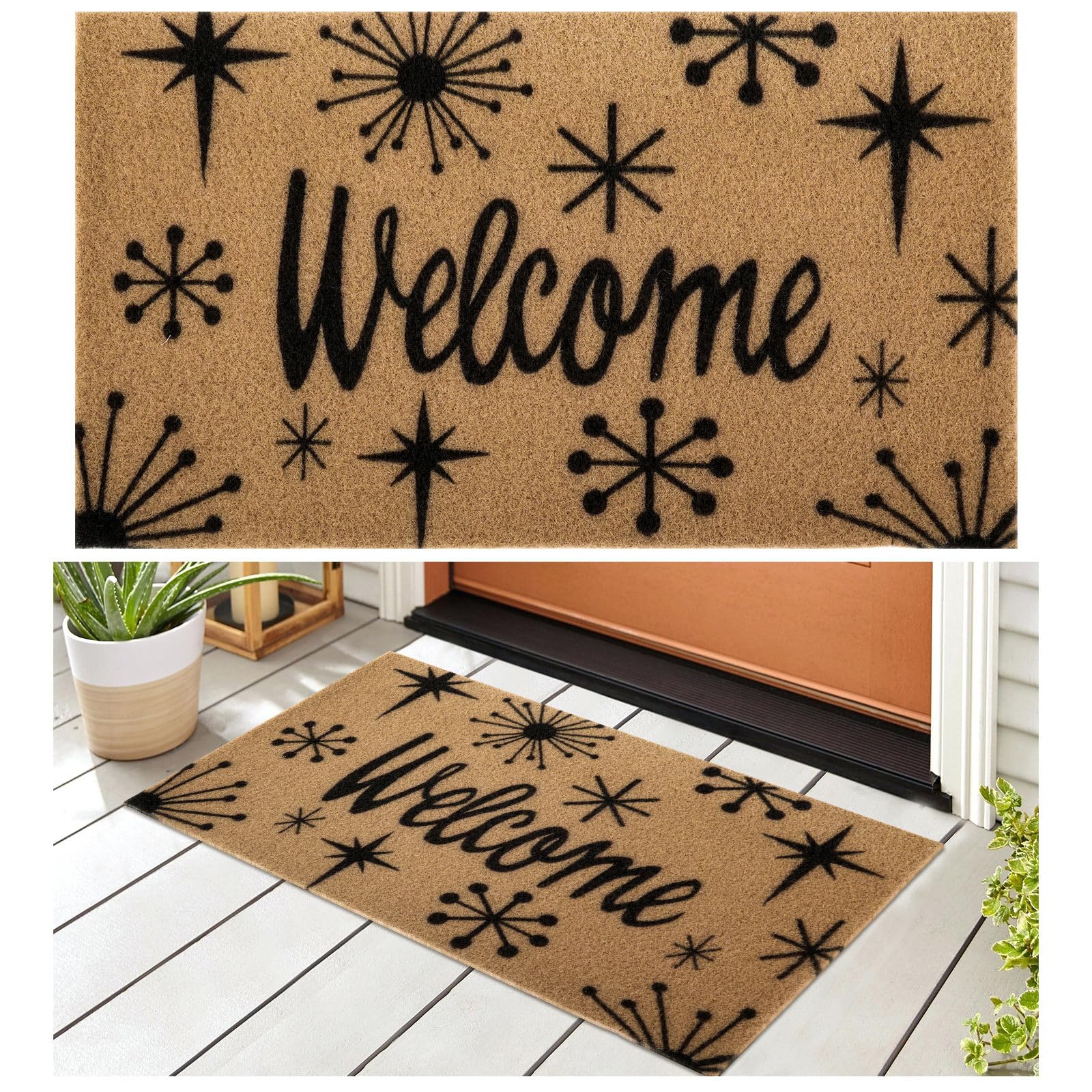 Tinideya Boho Door Mat 17" x 30" Mid Century Modern Door Matts Starburst Coir Doormat Outdoor Entrance with Non Slip TPR Backing Boho Welcome Mat