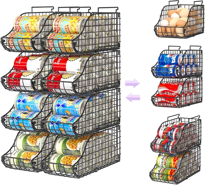 Sonyabecca 8 Pack Stackable Can Organizer for Pantry Cabinet Food Storage | Wire Storage Rack Holds Up to 72 Cans, Beverages and Food. Small Metal Organizer for Kitchen Counters, Fridges and RV