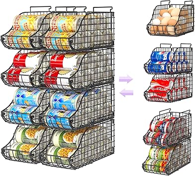 8-Pack Can Organizer for Pantry, Stackable Cabinet Food Shelves for Fridge, Wire Cupboard Storage, Holds up to 72 Beers,Small Metal Bin for Drink Beverage Egg Gillas, Rack for Kitchen Countertops RV