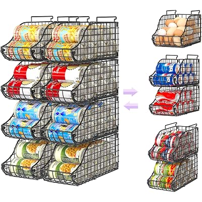8-Pack Can Organizer for Pantry, Stackable Cabinet Food Shelves for Fridge, Wire Cupboard Storage, Holds up to 72 Beers,Small Metal Bin for Drink Beverage Egg Gillas, Rack for Kitchen Countertops RV