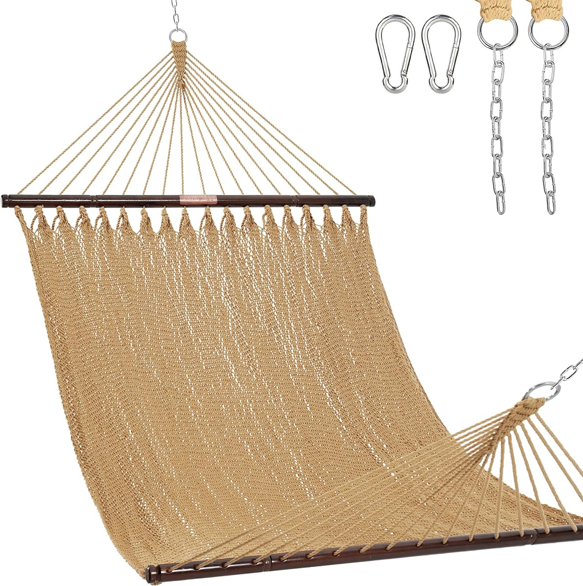 Lazy Daze 2 Person Caribbean Rope Hammock, Handwoven Double Hammock | 10.5 ft Polyester Outdoor Hammock with Spreader Bars & Carabiners, 450 lbs Capacity for Outside, Backyard, Tan