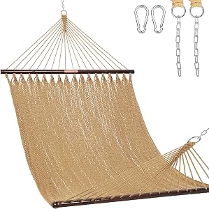 Lazy Daze Hammocks 10.5 FT Double 2 Person Caribbean Rope Hammock, Hand Woven Polyester Hammock with Spreader Bars, for Outside Outdoor Backyard Patio Poolside, 450 LBS Capacity, Tan