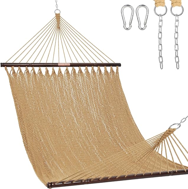 Lazy Daze Hammocks 10.5 FT Double 2 Person Caribbean Rope Hammock, Hand Woven Polyester Hammock with Spreader Bars, for Outside Outdoor Backyard Patio Poolside, 450 LBS Capacity, Tan