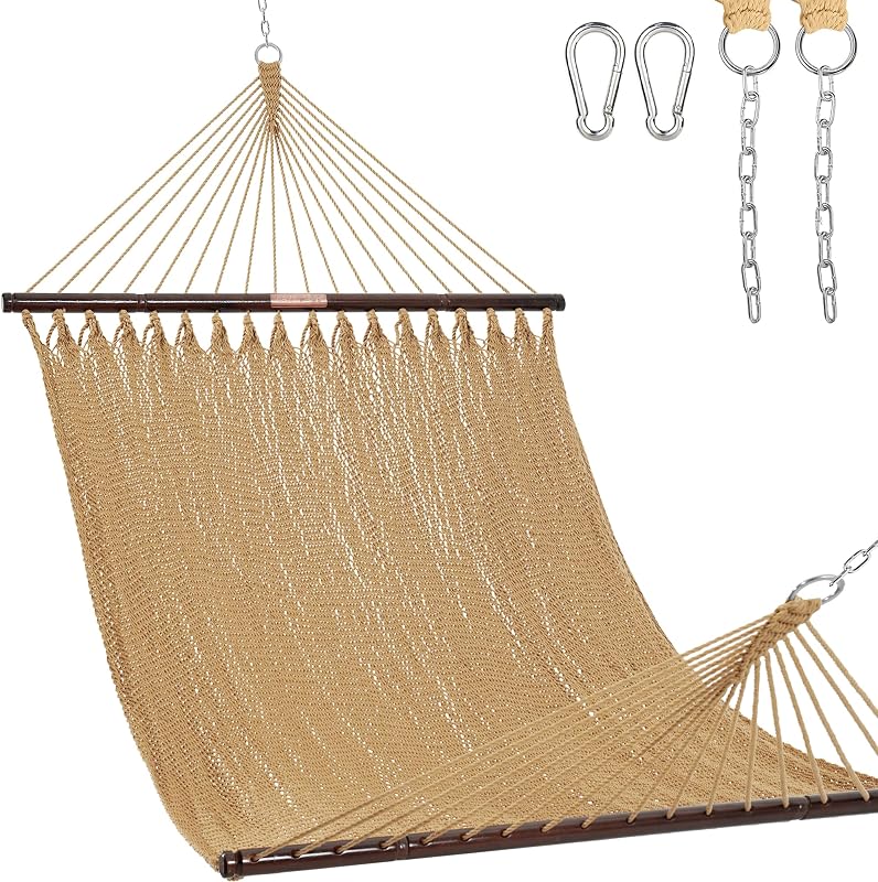 Lazy Daze 2 Person Caribbean Rope Hammock, Handwoven Double Hammock | 10.5 ft Polyester Outdoor Hammock with Spreader Bars & Carabiners, 450 lbs Capacity for Outside, Backyard, Tan