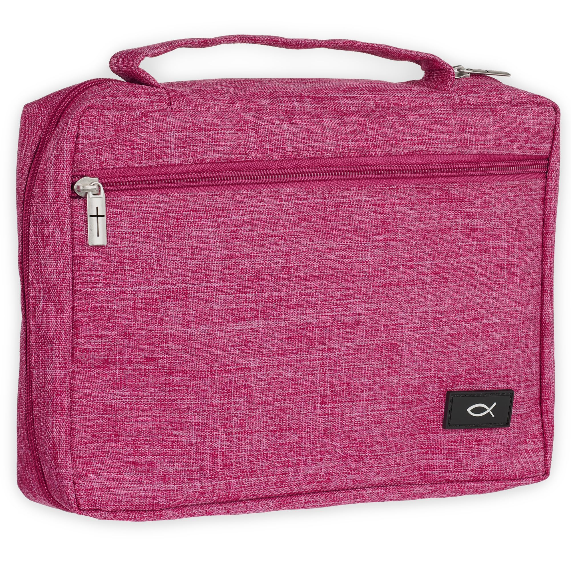 Christian Art Gifts Polyester Bible Cover for Men & Women w/Jesus Fish Patch, Secure Zipper Pocket, Pen Loops, Easy Carry Book Case for Stationery,