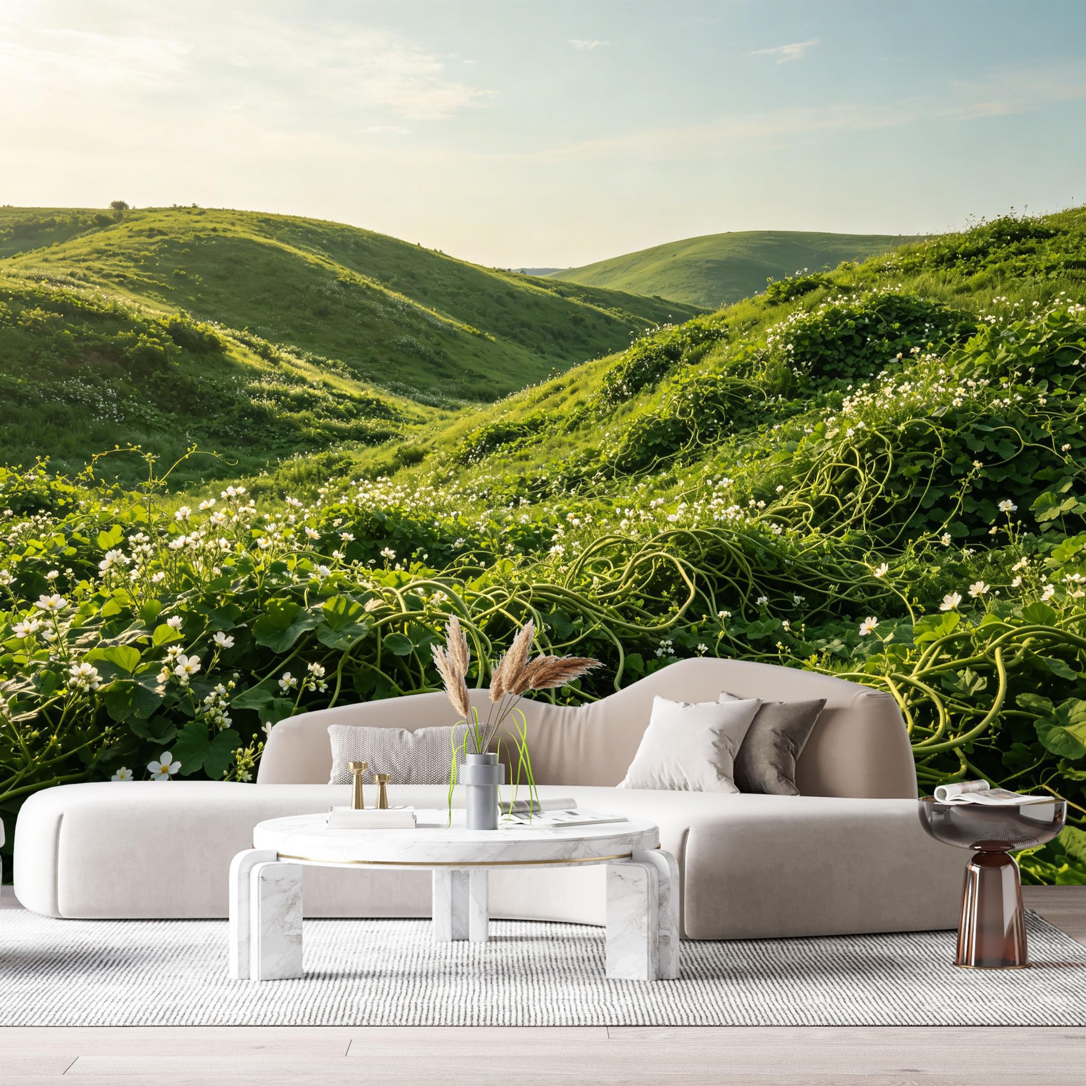 Custom Size Wall Murals Rolling Hills Landscape Botanical Green Valley Wildflowers Sunlight SelfAdhesive Wall Fabric Removable Large Wallpaper for Photo Living Room