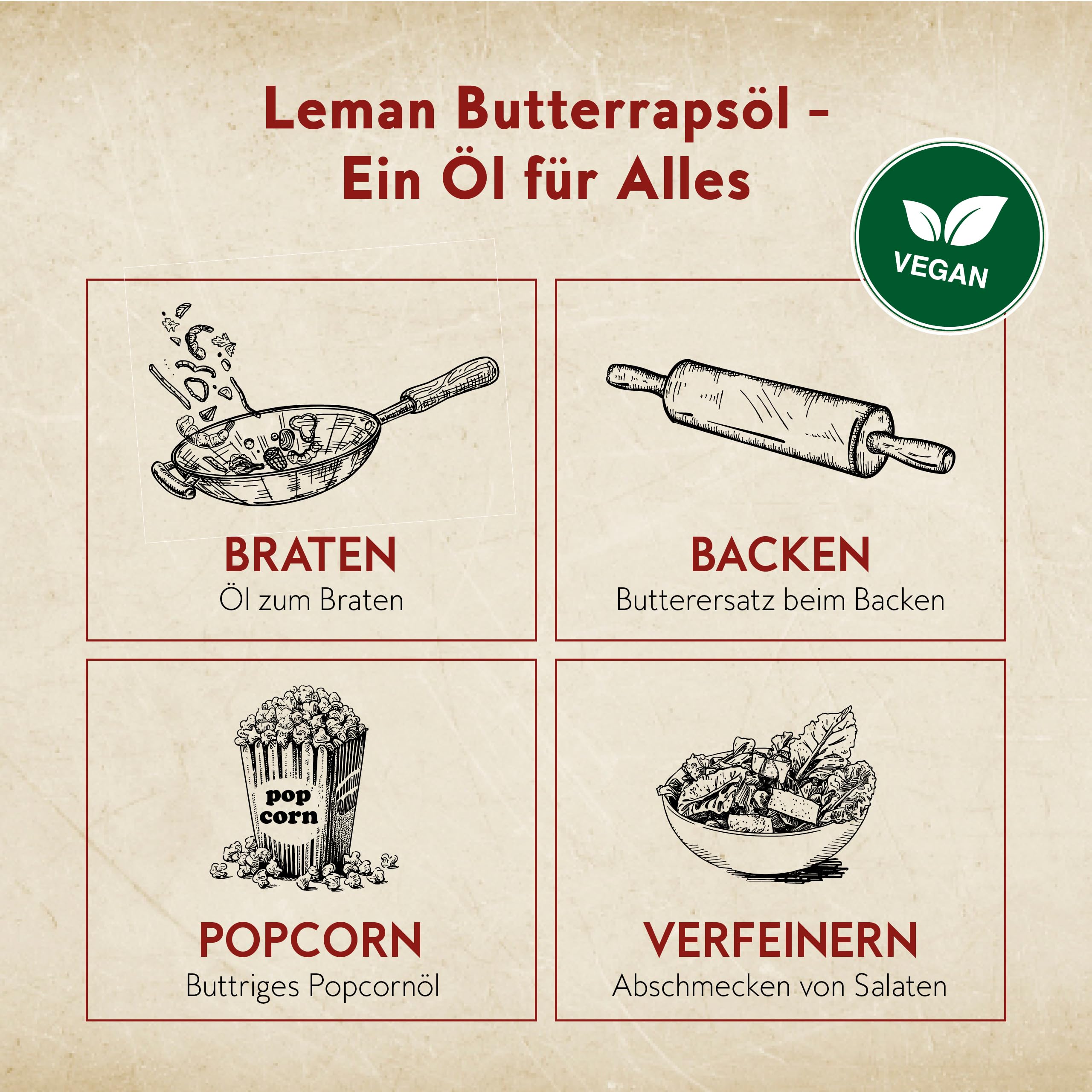 Leman Butterrapsöl (5 Liter Kanister) verschiedene Größen - Veganes Rapsöl mit natürlichem Buttergeschmack – Ideal als Speiseöl, Bratöl, Öl zum Braten – Qualität seit 1809 vom Hersteller
