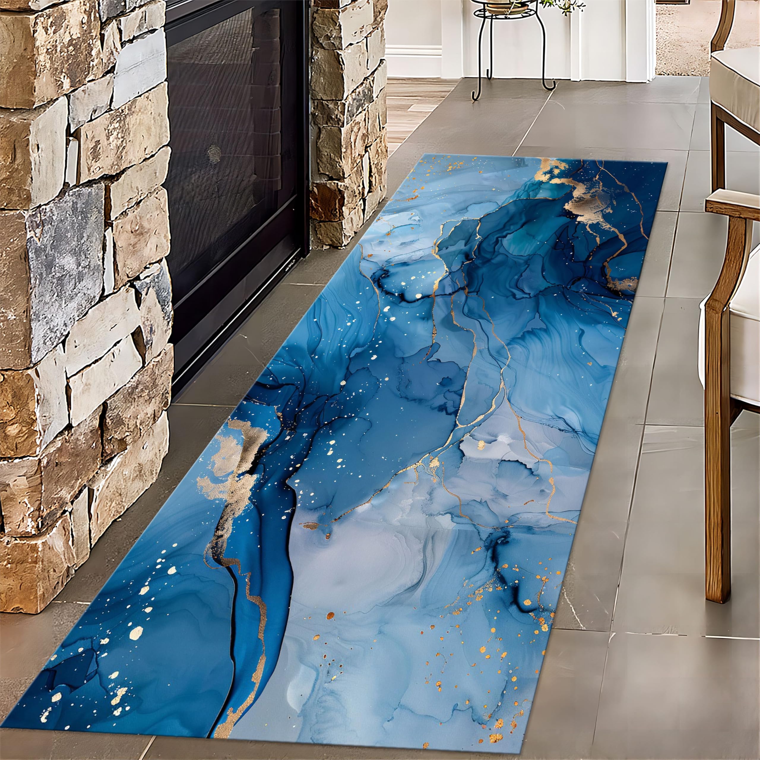 Blue Gold Marble Texture Area Rug for Living Room, 4x12ft, Abstract Gradient Pattern Carpets for Indoor, Home Decor Anti-Slip Rug, Pet Friendly No