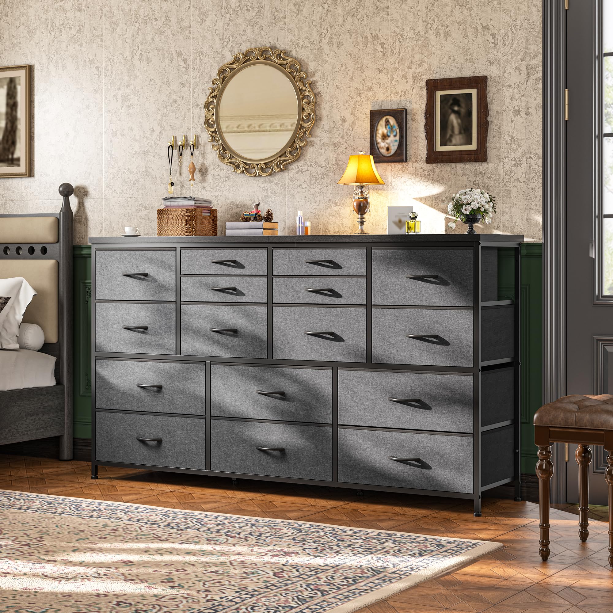 Romorgniz Dresser for Bedroom with 16 Fabric Drawers Long Dresser with Charging Station TV Stand for 60" TV Dressers & Chest of Drawers for Bedroom,