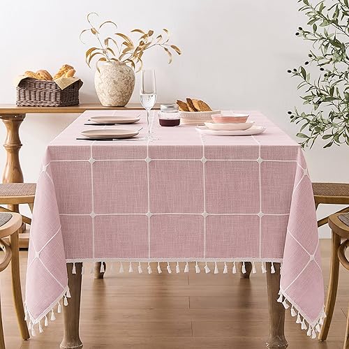 Miniatura 26 de ZeeMart - Mantel de mesa con diseño de cuadrícula boho y borlas (blanco roto, 132 cm x 132 cm), mantel de gran peso de lino a cuadros bordado