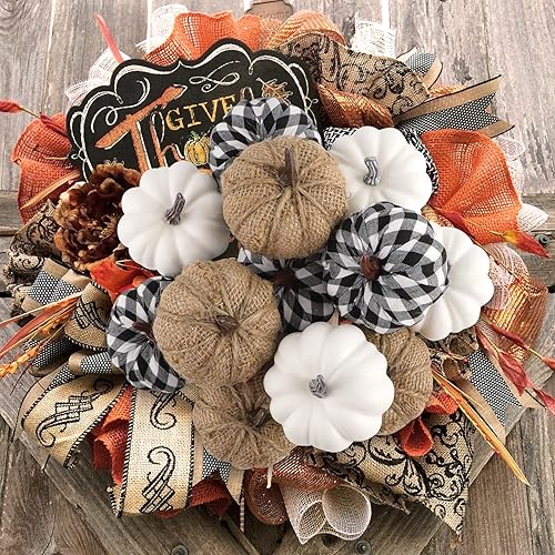 Miniatura 2 de Ywlake 12 calabazas artificiales de varios tamaños, calabazas artificiales pintables de tela de calabaza falsa blanca para decoración de otoño,