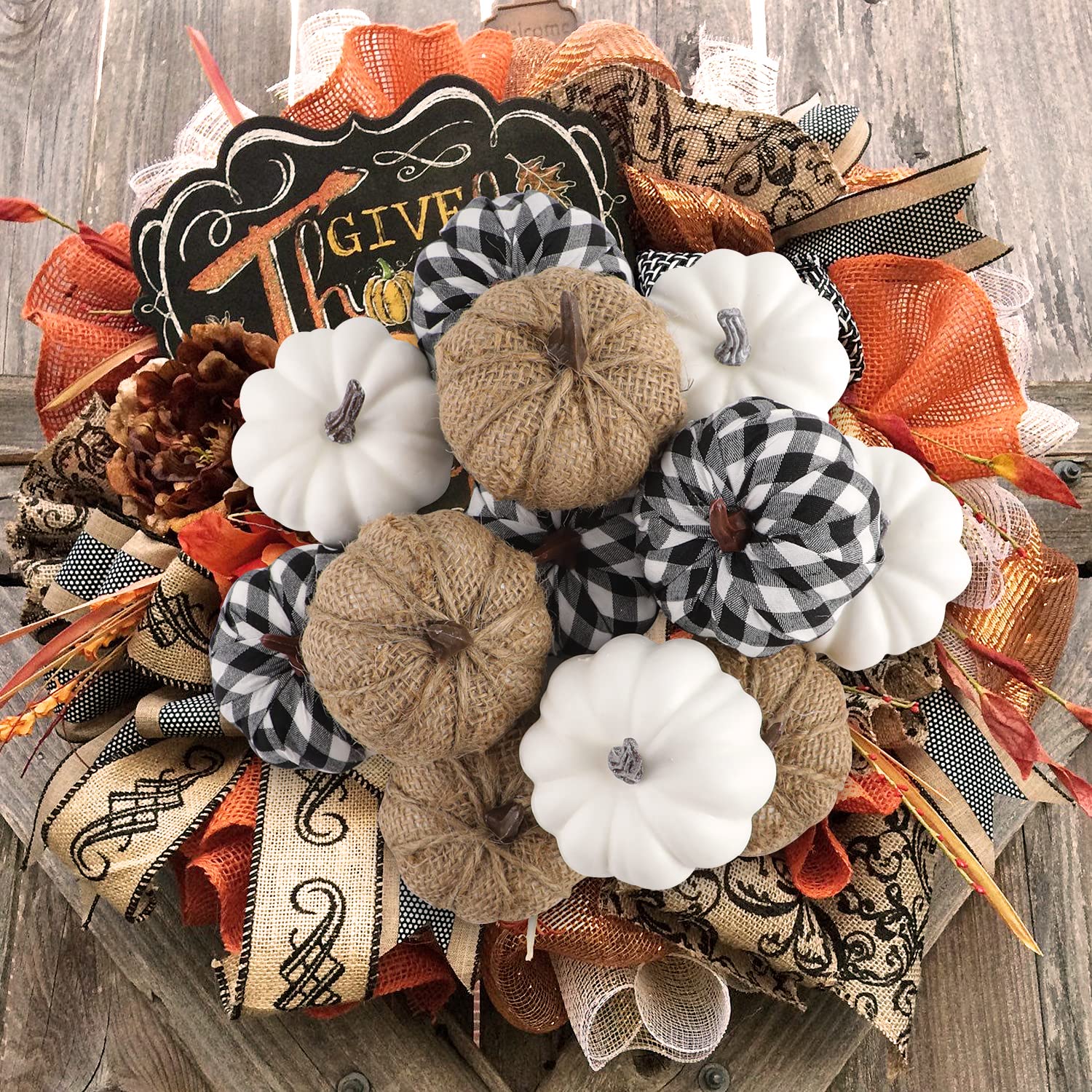Ywlake 12 Pcs Mixed Assorted Sizes Artificial Pumpkins, Paintable White Fake Pumpkin Plaid Fabric Burlap Pumpkins for Fall Harvest Thanksgiving Halloween Decoration Faux Pumpkins Outdoor Decorating