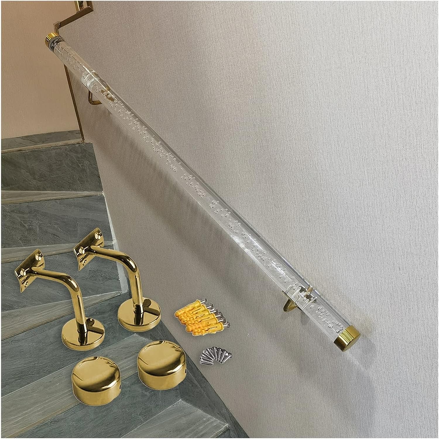 LWJSOCP Banister Rails Stair Handrail Clear Acrylic Handrails Wall Mount Mobility Aids Banister with Golden/Silver Brackets (Color : Gold Size : 600cm(20ft))