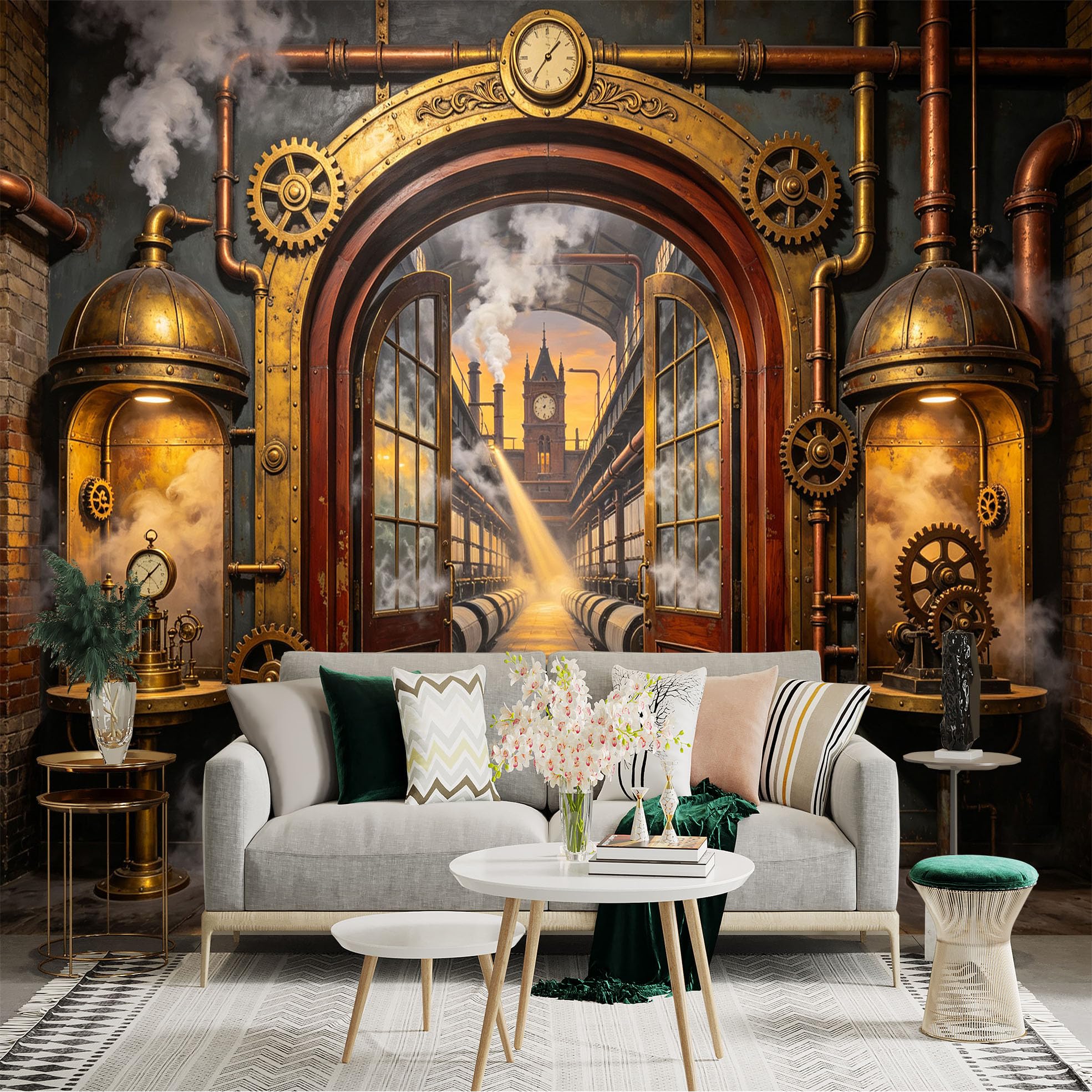 Custom Size Wall Sticker Mural， Steampunk Factory Corridor with Gears Steam Pipes and Vintage Clock， for wall Decoration， peelandstick wall Decals.