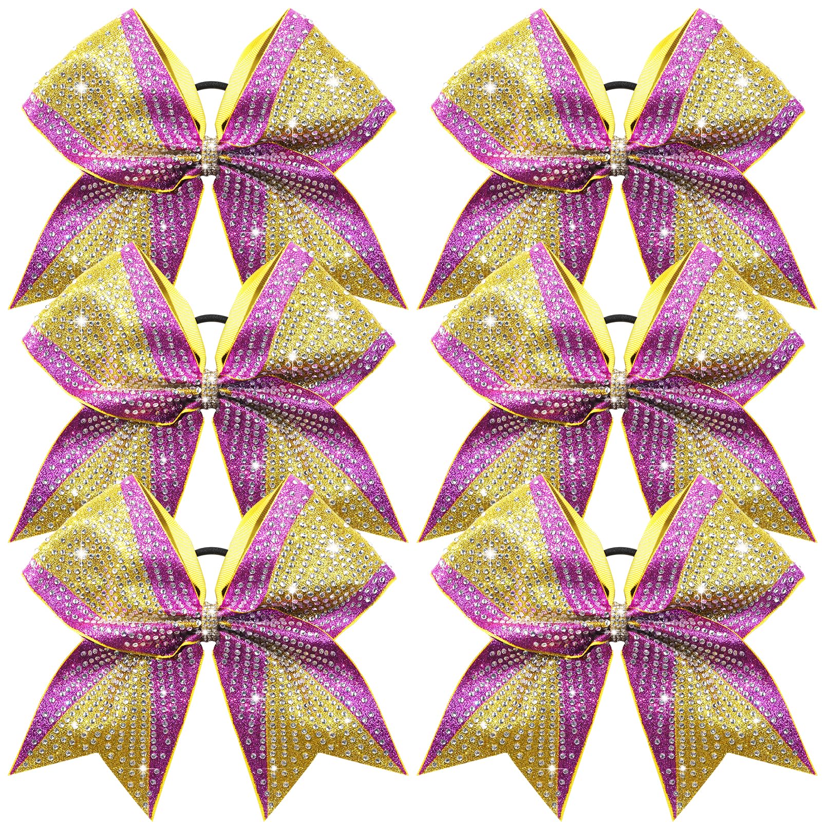 DEEKA 6PCS 8" Large Glitter Purple and Gold Cheer Bows Two Toned Rhinestones Stiff Cheer Hair Bows Elastic Band Competition Bows for Cheerleader Team