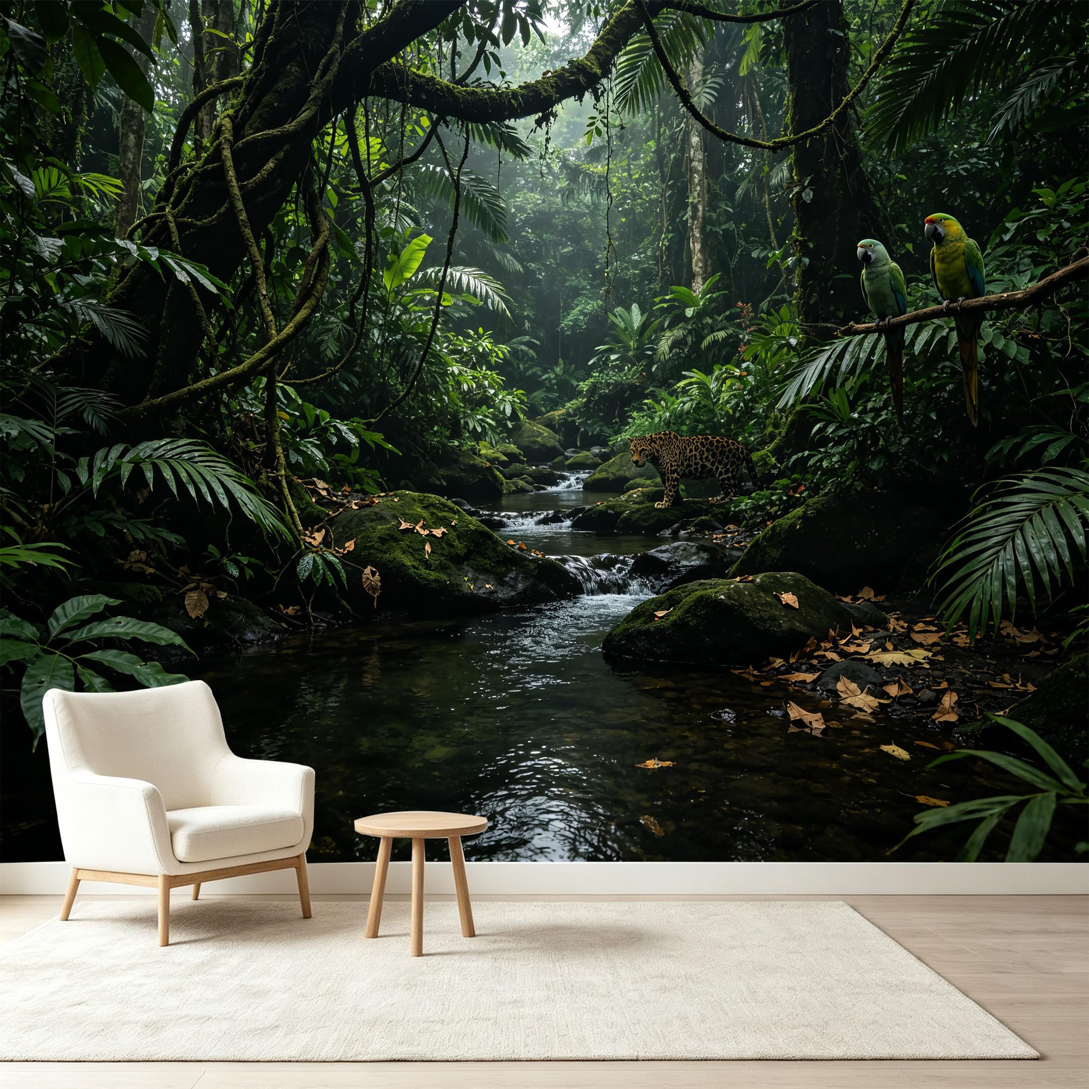 Custom Size Wall Murals Tropical Jungle Rainforest Wildlife Leopard Exotic Parrots River Water 3D Self-Adhesive Wall Fabric Removable Wallpaper Wall Decor for Living Room Bedroom Bathroom
